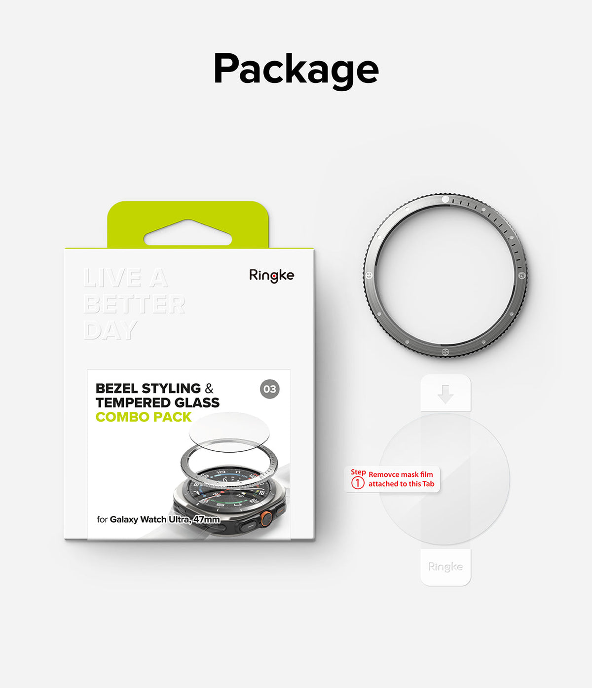 Galaxy Watch Ultra | Bezel Styling & Glass - Ringke combo pack with watch bezel, tempered glass, and retail packaging.