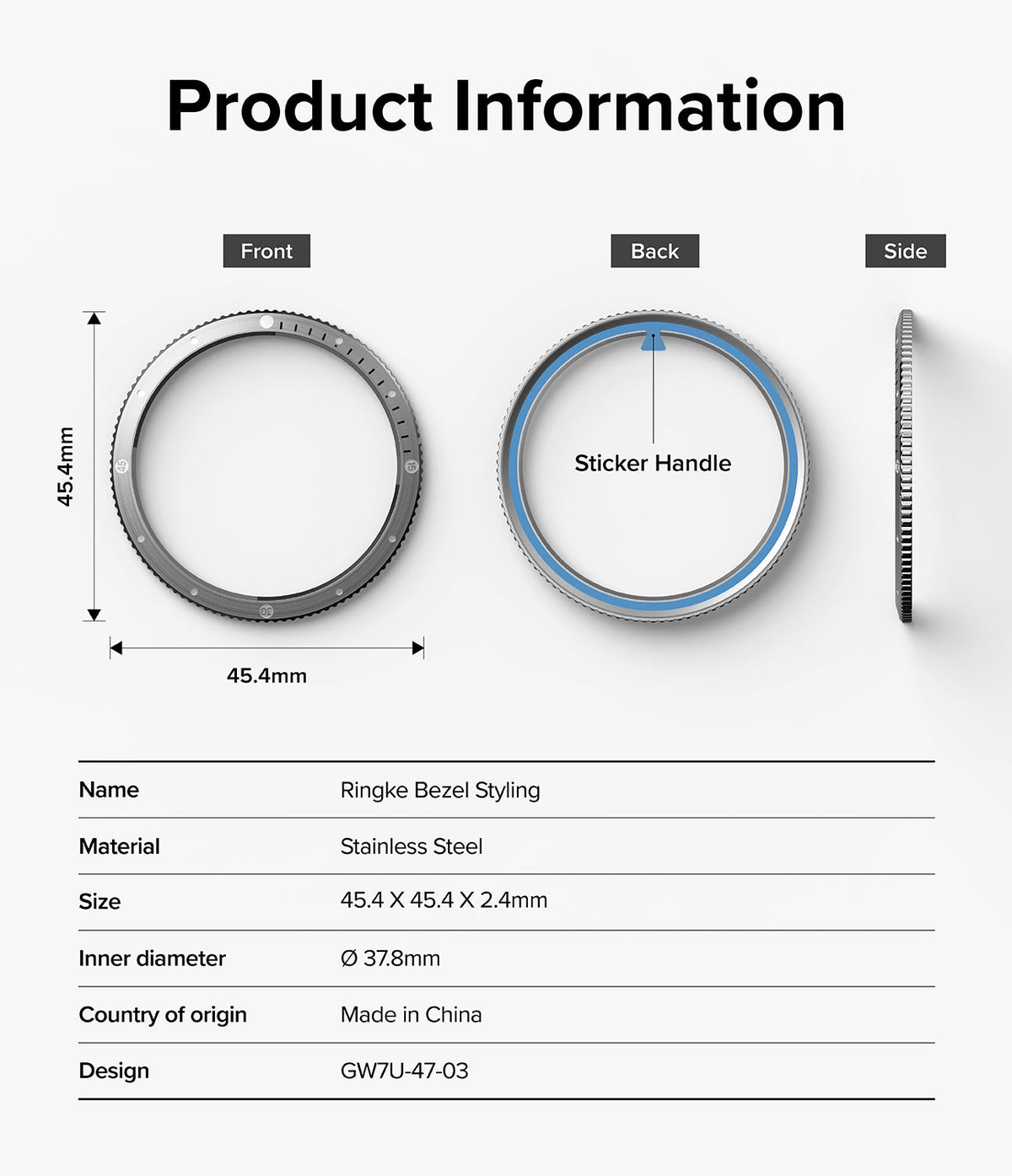 Galaxy Watch Ultra | Bezel Styling & Glass - Technical diagram showing front, back, and side views with dimensions and specs.