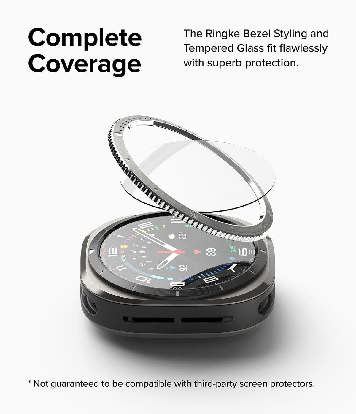Galaxy Watch Ultra | Bezel Styling & Glass - A metallic bezel and glass screen protector hovering above a smartwatch.