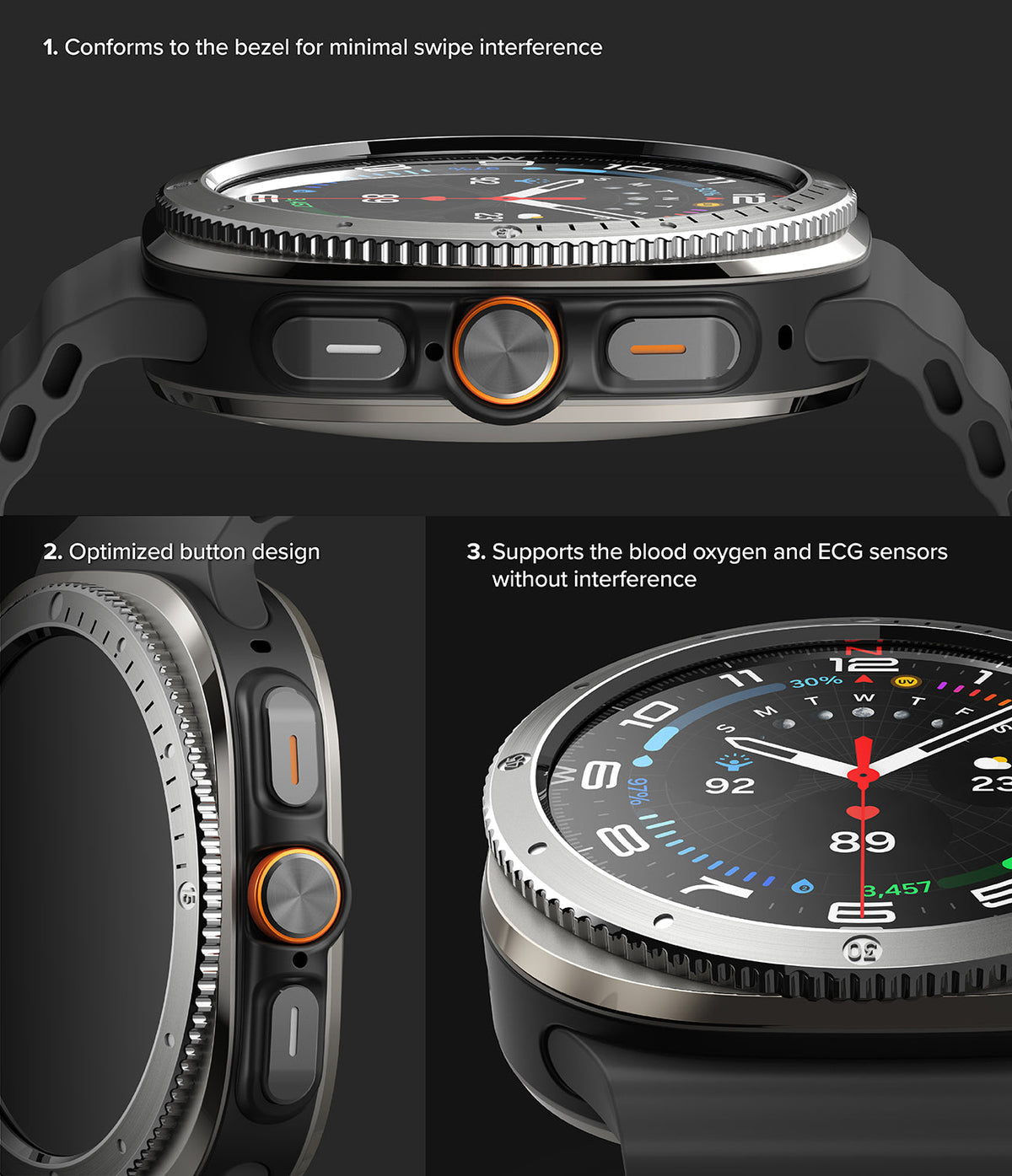 Galaxy Watch Ultra | Bezel Styling & Glass - Close-up views of watch bezel, buttons, and screen sensor compatibility.