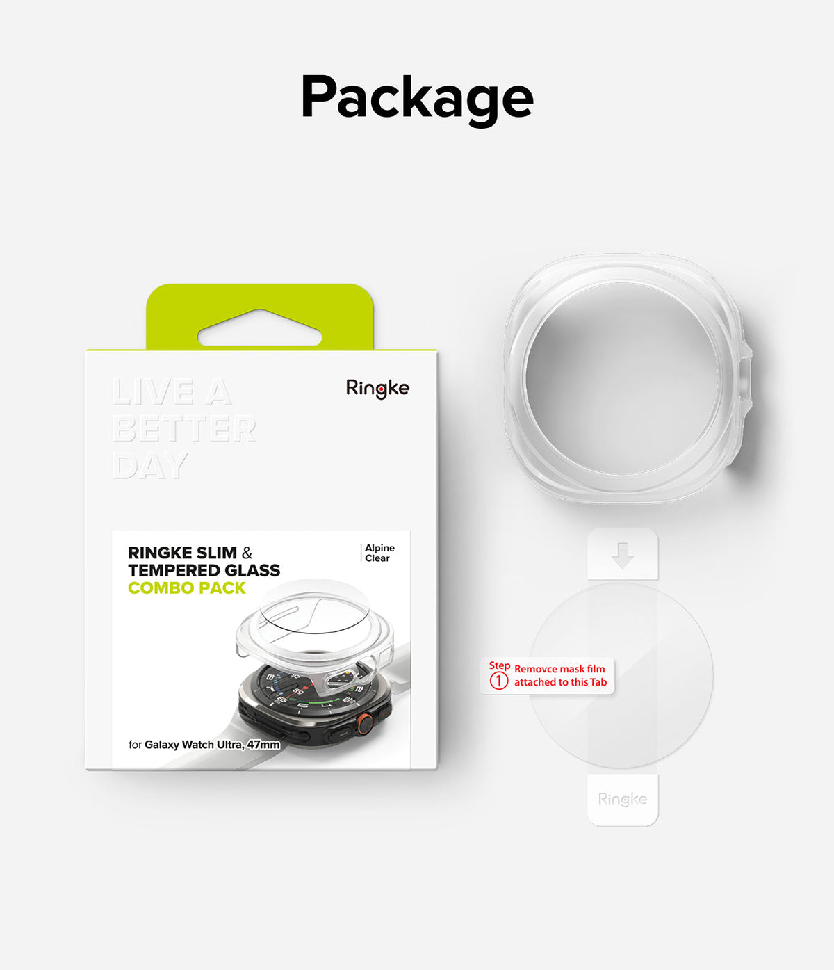 Galaxy Watch Ultra | Slim & Glass - Ringke protective case and tempered glass screen protector packaging for Galaxy Watch Ultra.