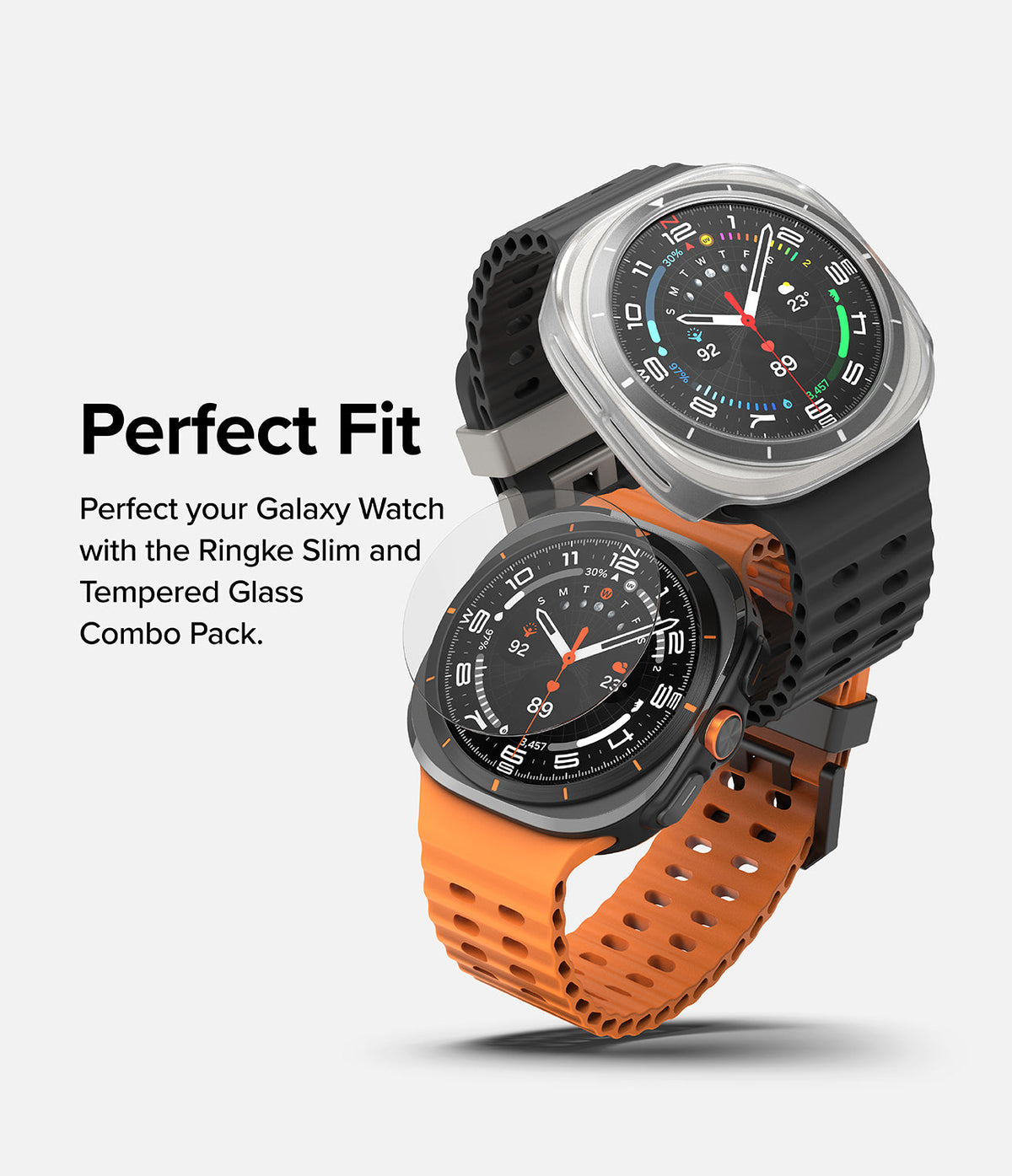 Galaxy Watch Ultra | Slim & Glass - Two Galaxy Watch Ultra units with protective cases and screen protectors.
