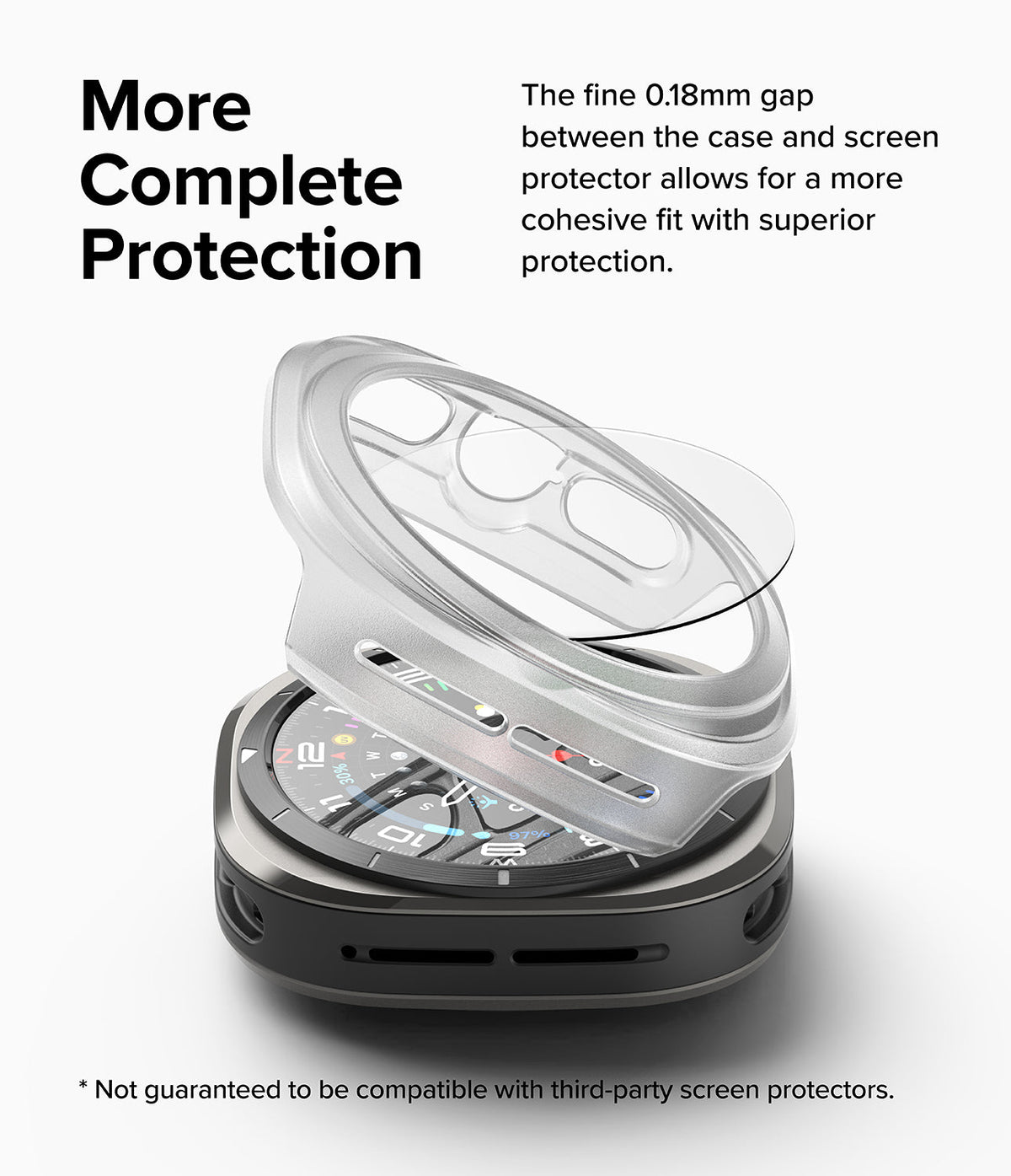 Galaxy Watch Ultra | Slim & Glass - Protective watch case and screen protector hovering above a Galaxy Watch Ultra.