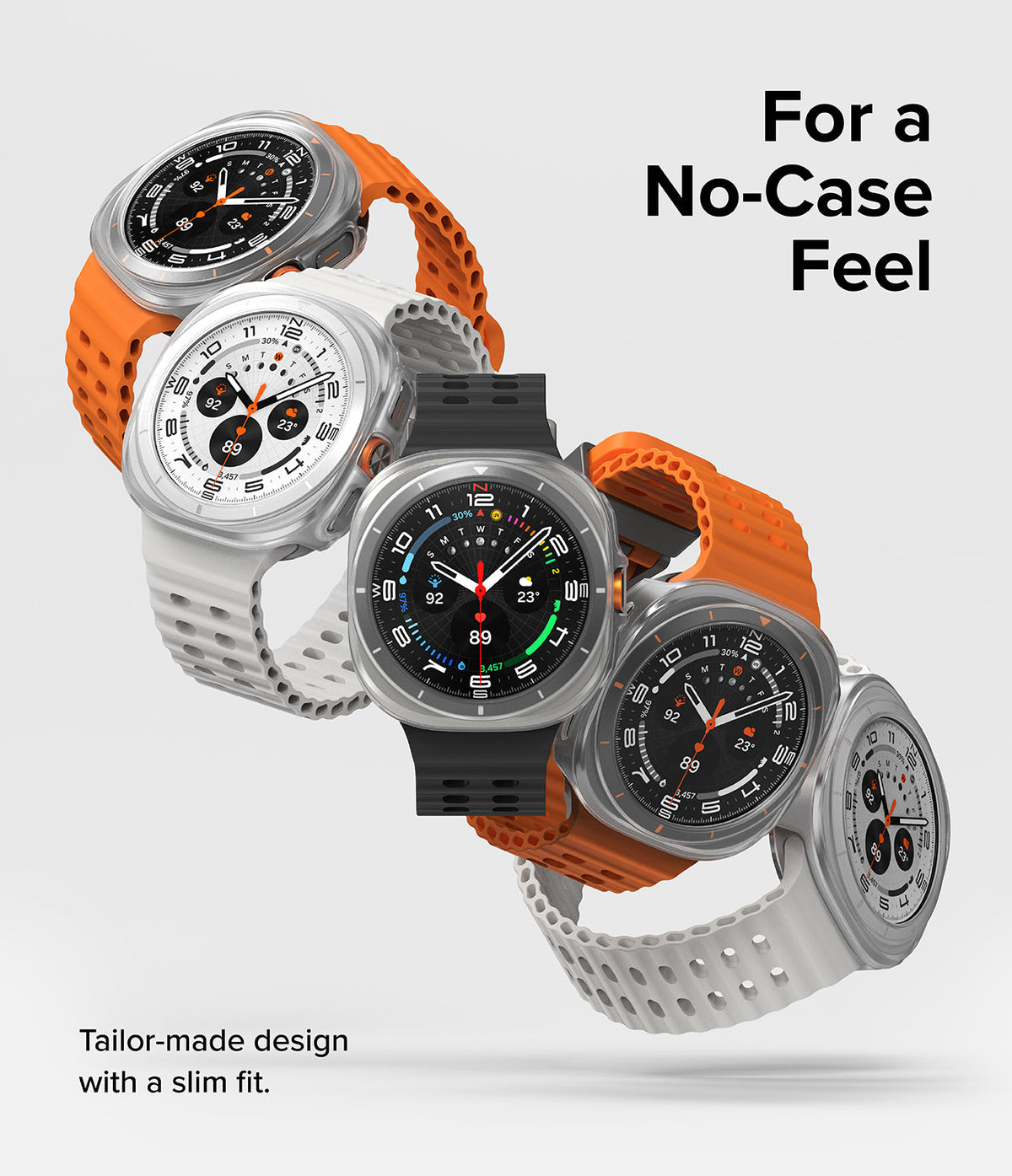 Galaxy Watch Ultra | Slim & Glass - Five Galaxy Watch Ultra smartwatches with various bands floating against a white background.