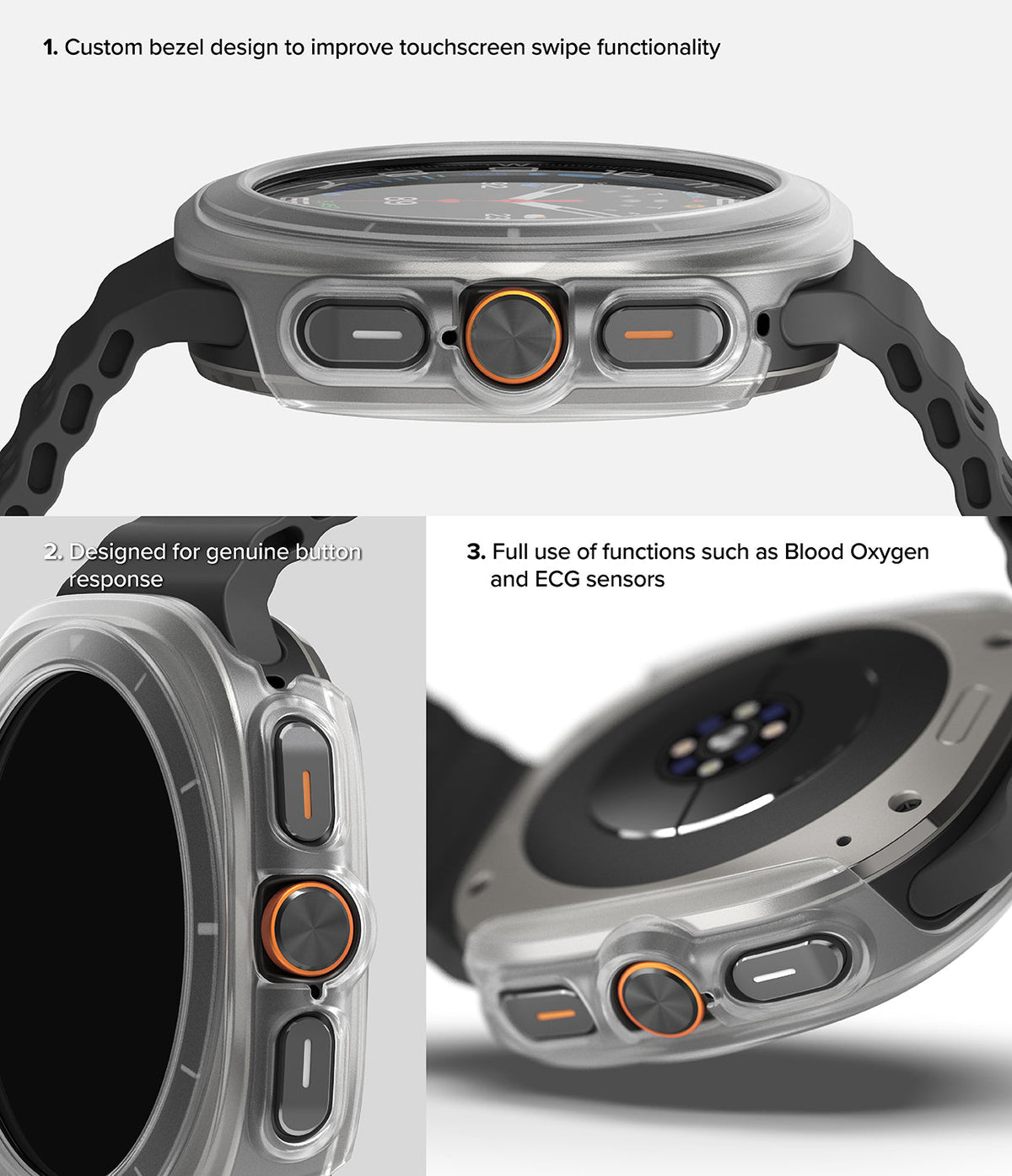 Galaxy Watch Ultra | Slim & Glass - Close-up views of a clear protective watch case highlighting button access and sensor use.