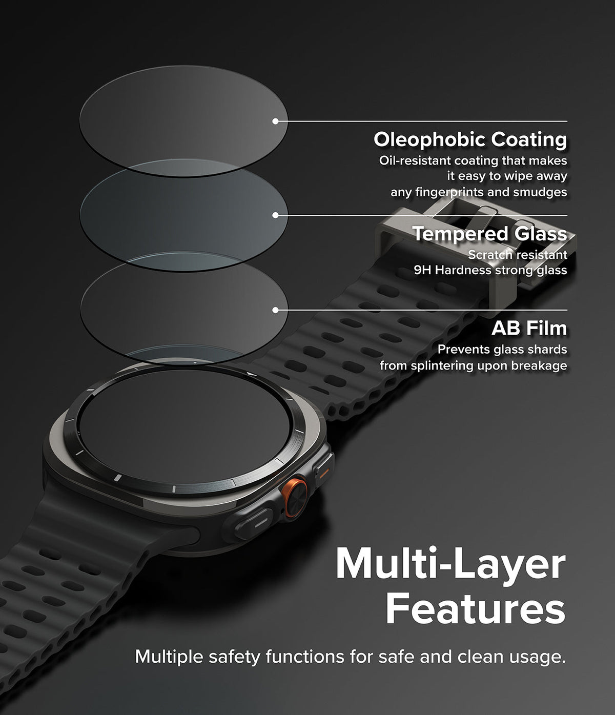 Galaxy Watch Ultra | Slim & Glass - Exploded view of watch screen layers showing oleophobic coating, tempered glass, and AB film.