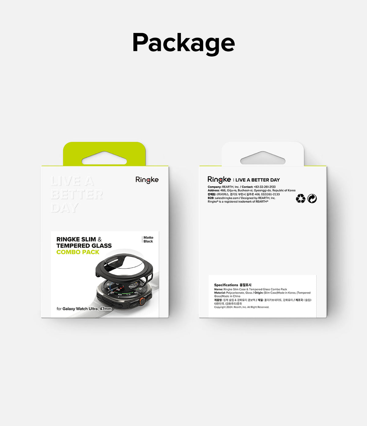 Galaxy Watch Ultra | Slim & Glass - Front and back views of Ringke Slim and Tempered Glass combo pack packaging.
