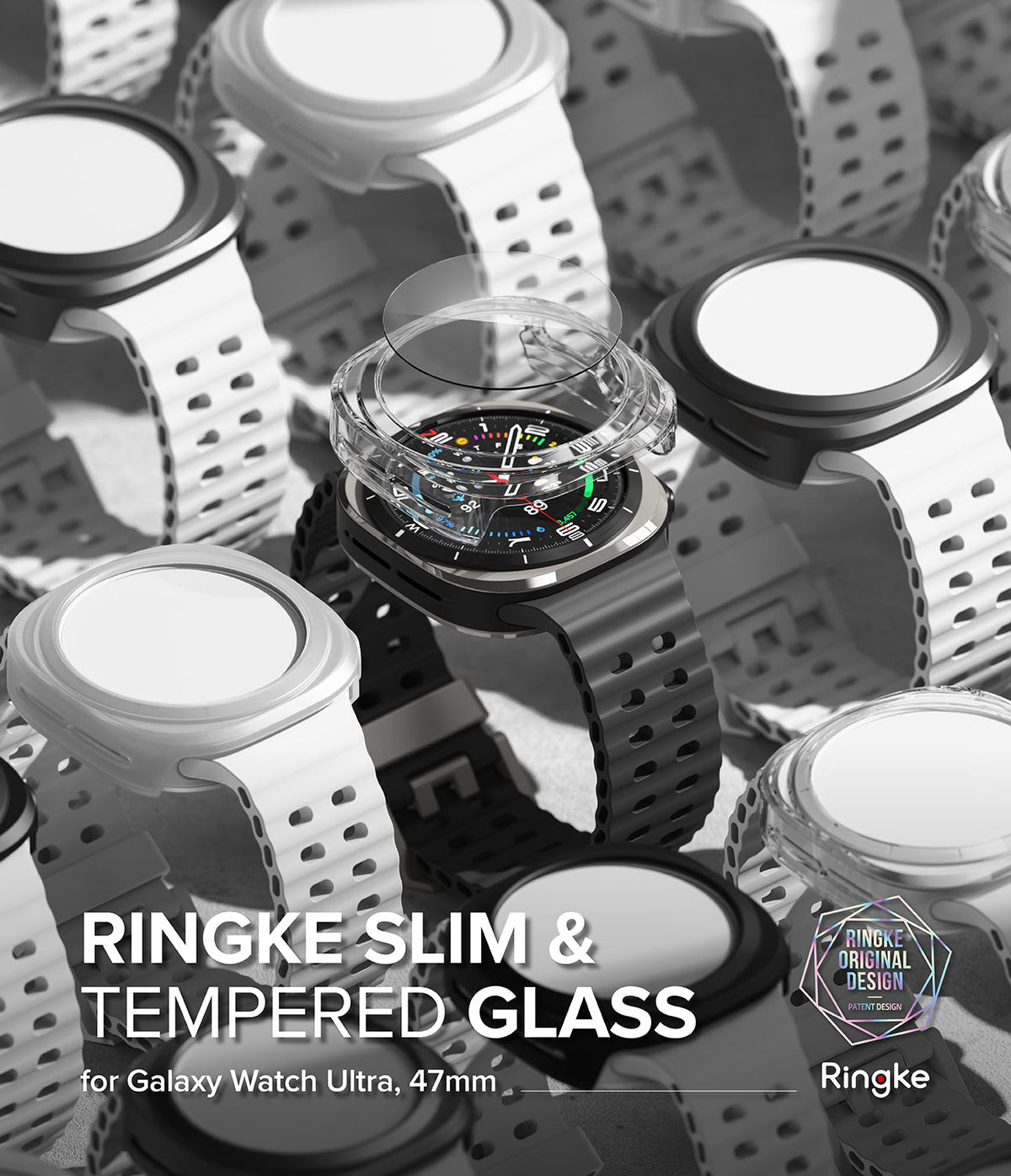 Galaxy Watch Ultra | Slim & Glass - Clear protective case and tempered glass screen protector hovering over a smartwatch.