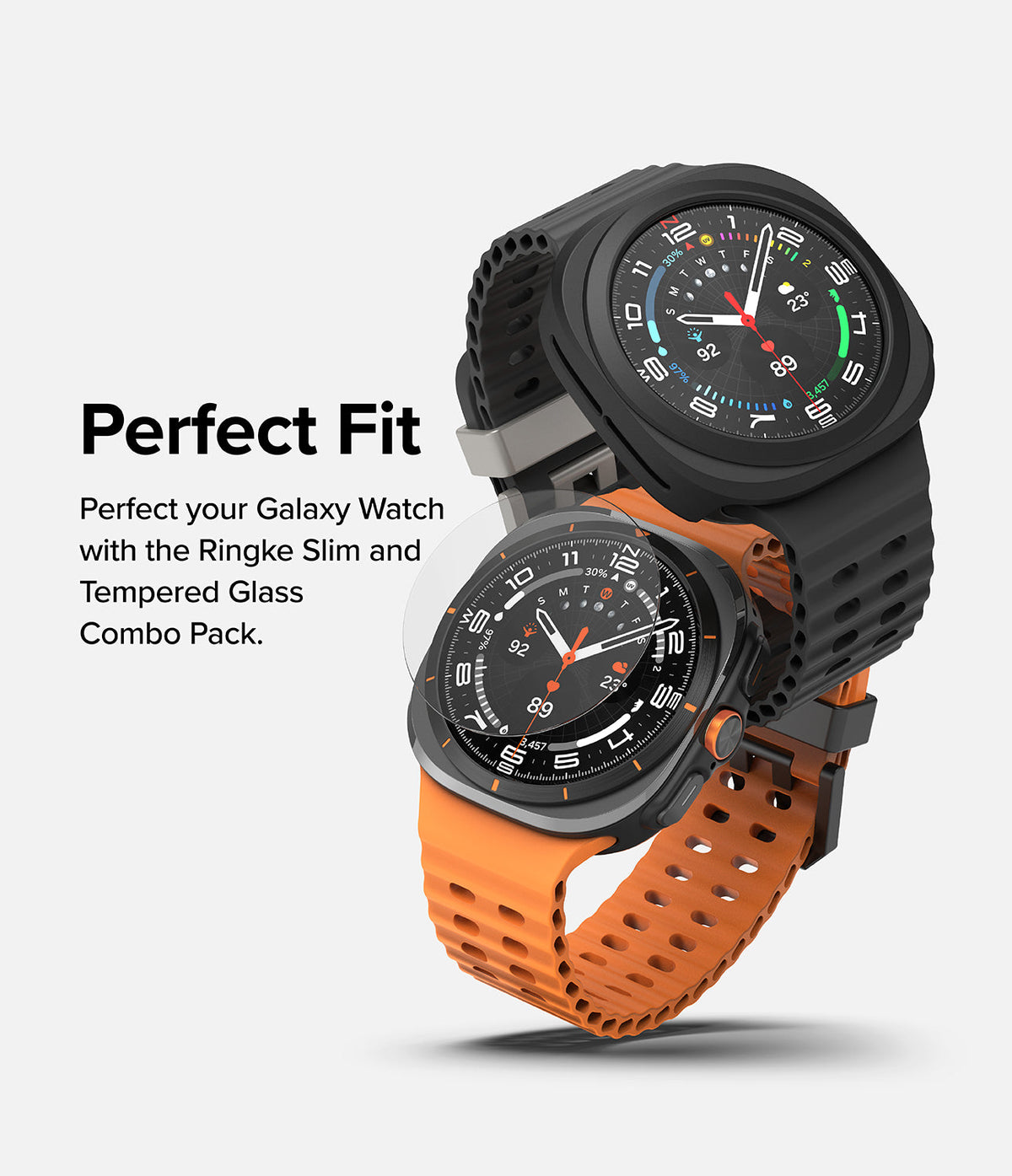 Galaxy Watch Ultra | Slim & Glass - Two Galaxy Watch Ultra units with orange and black bands, one featuring a protective case.