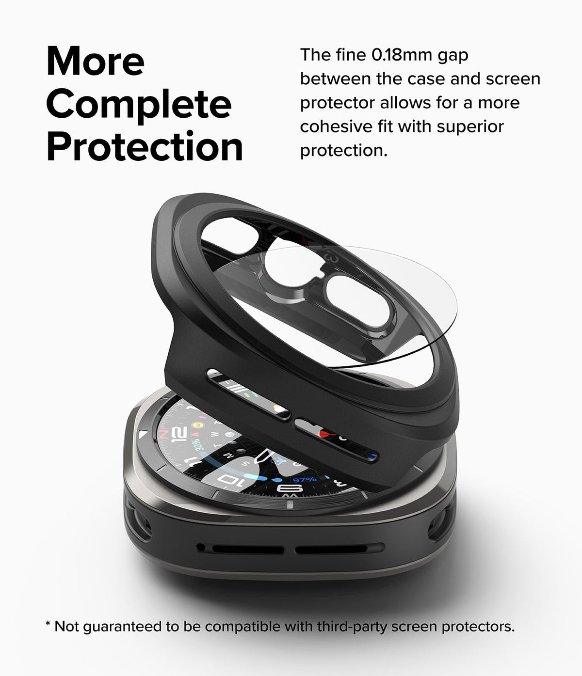 Galaxy Watch Ultra | Slim & Glass - A black protective watch case hovering above a Galaxy Watch Ultra.