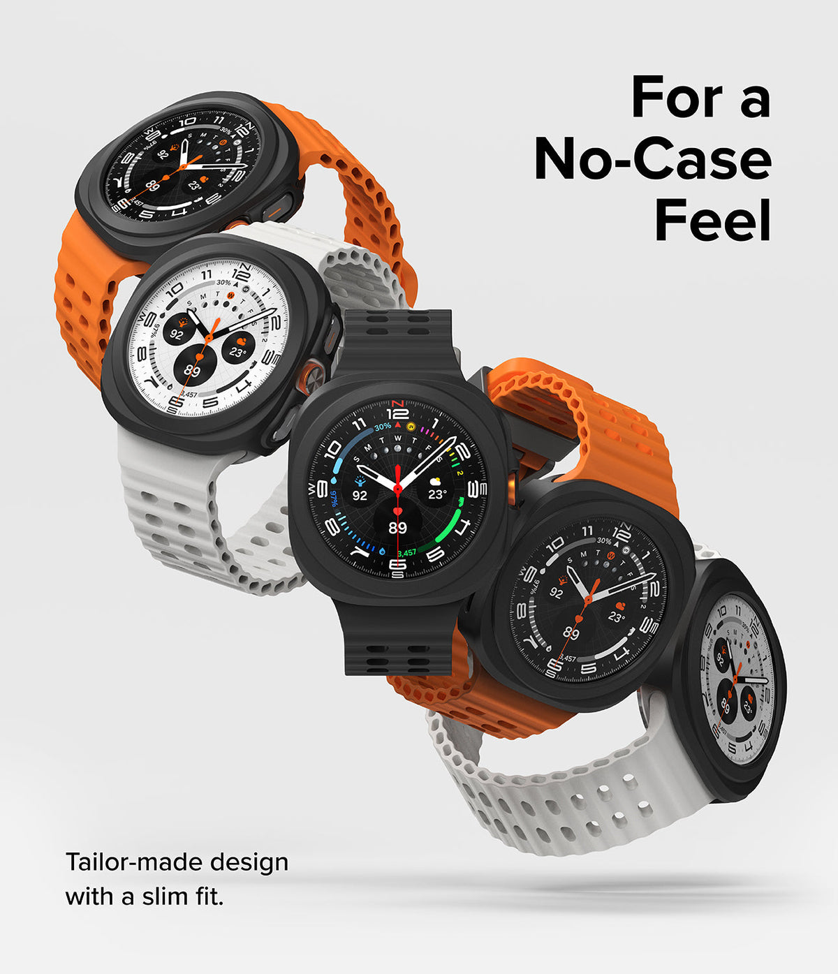 Galaxy Watch Ultra | Slim & Glass - Five Galaxy Watch Ultra smartwatches with slim cases in orange, white, and black.