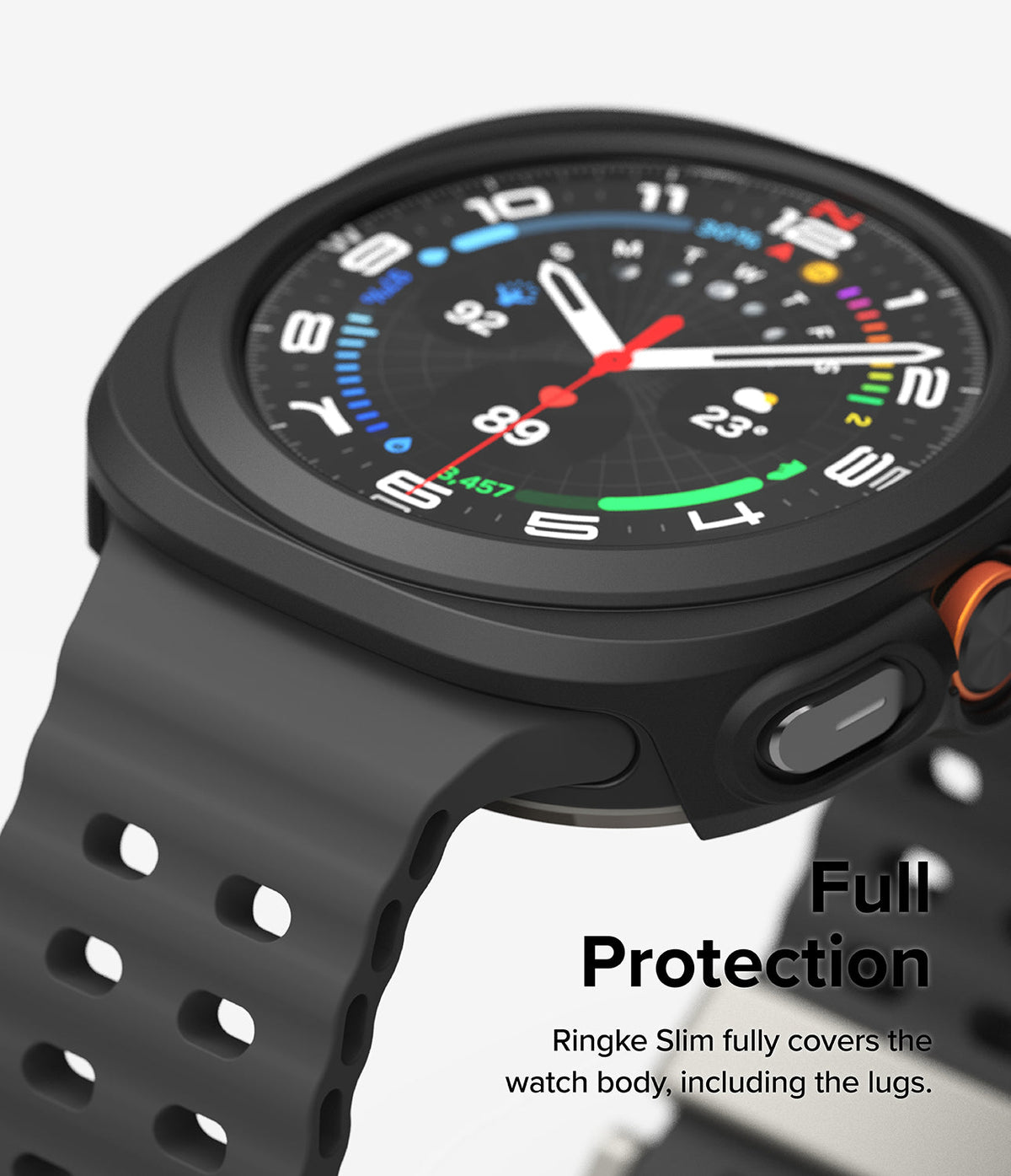 Galaxy Watch Ultra | Slim & Glass - Close-up of a black protective case on a Galaxy Watch Ultra with a perforated strap.