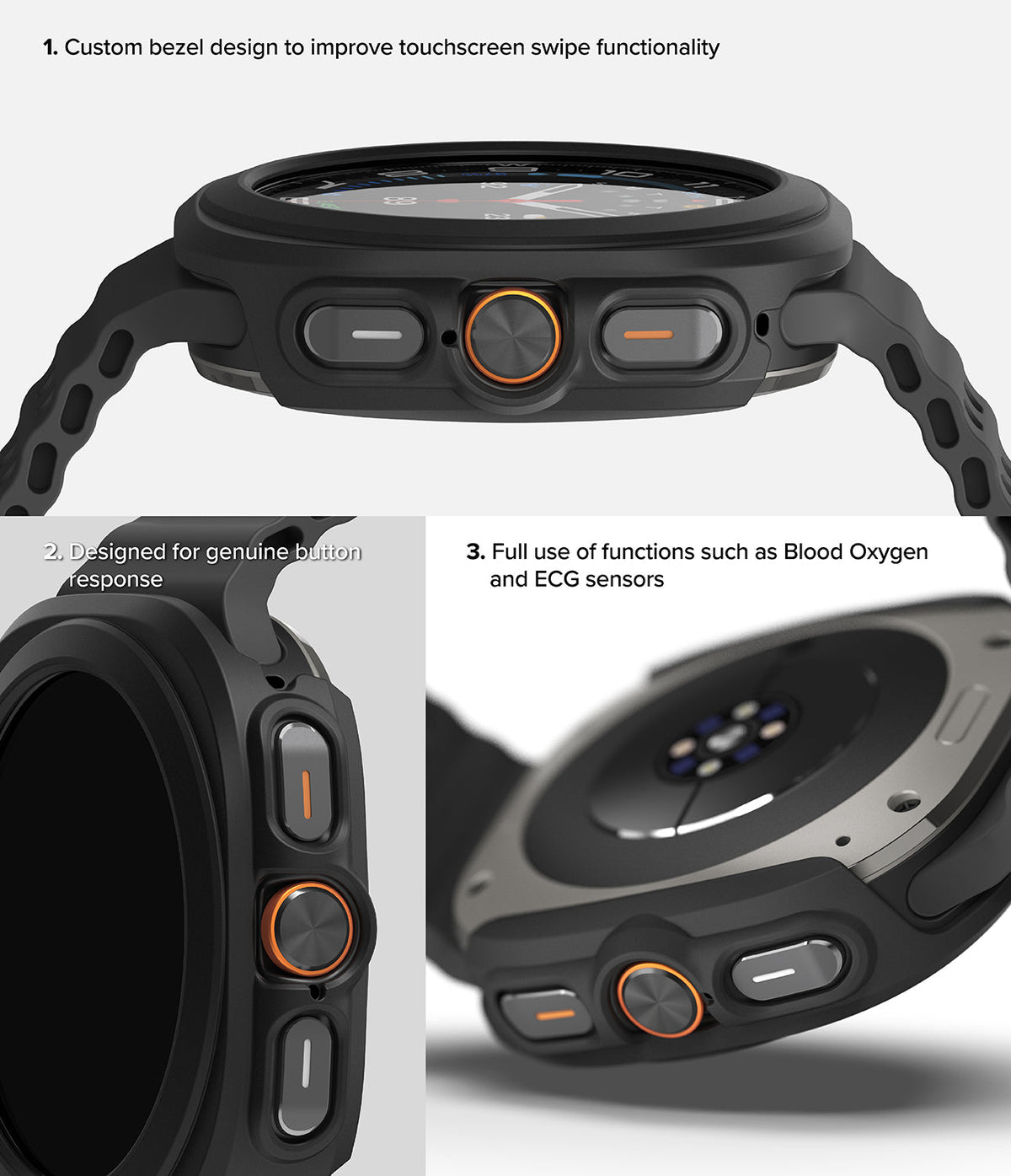 Galaxy Watch Ultra | Slim & Glass - Close-up views of a black watch case highlighting bezel, button, and sensor access.