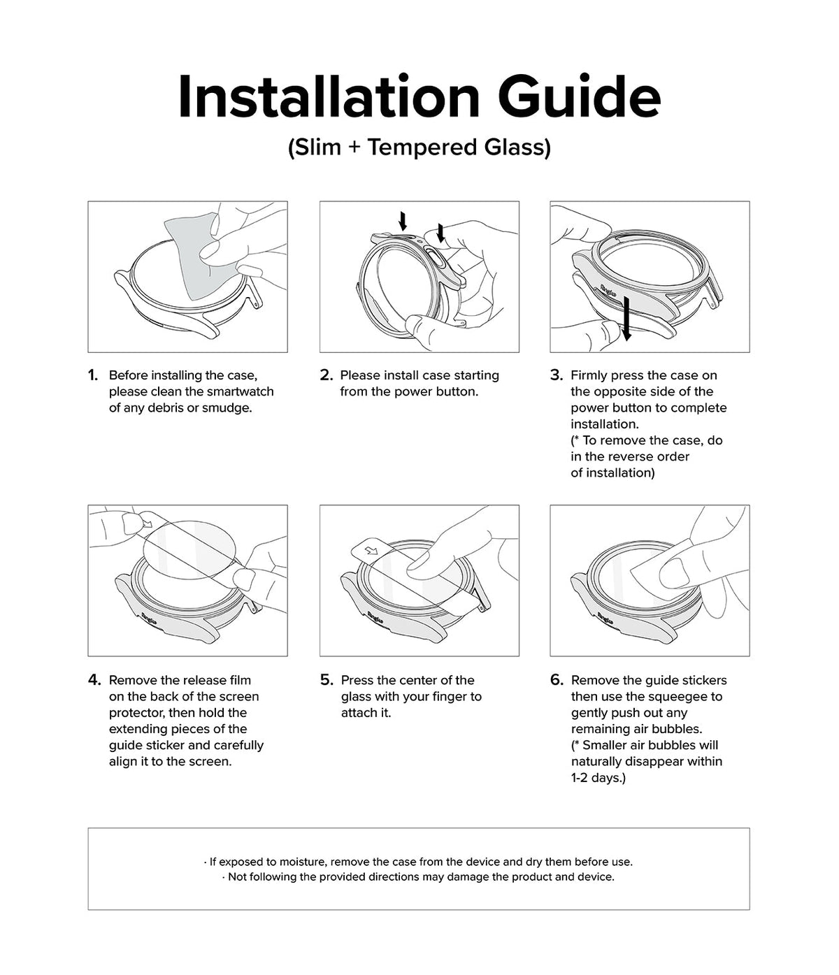 Galaxy Watch Ultra | Slim & Glass - Six-step illustrated guide for installing a watch case and tempered glass screen protector.