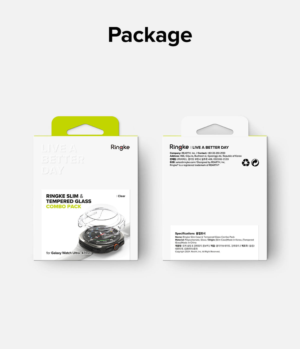Galaxy Watch Ultra | Slim & Glass - Front and back views of Ringke protective case and glass combo packaging.