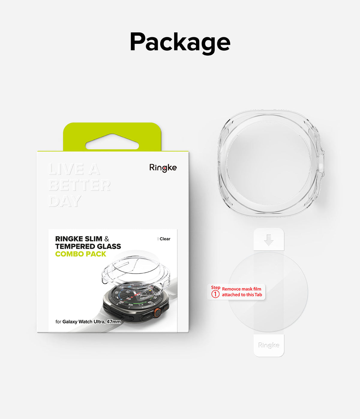 Galaxy Watch Ultra | Slim & Glass - Ringke clear protective case and tempered glass screen protector in retail packaging.