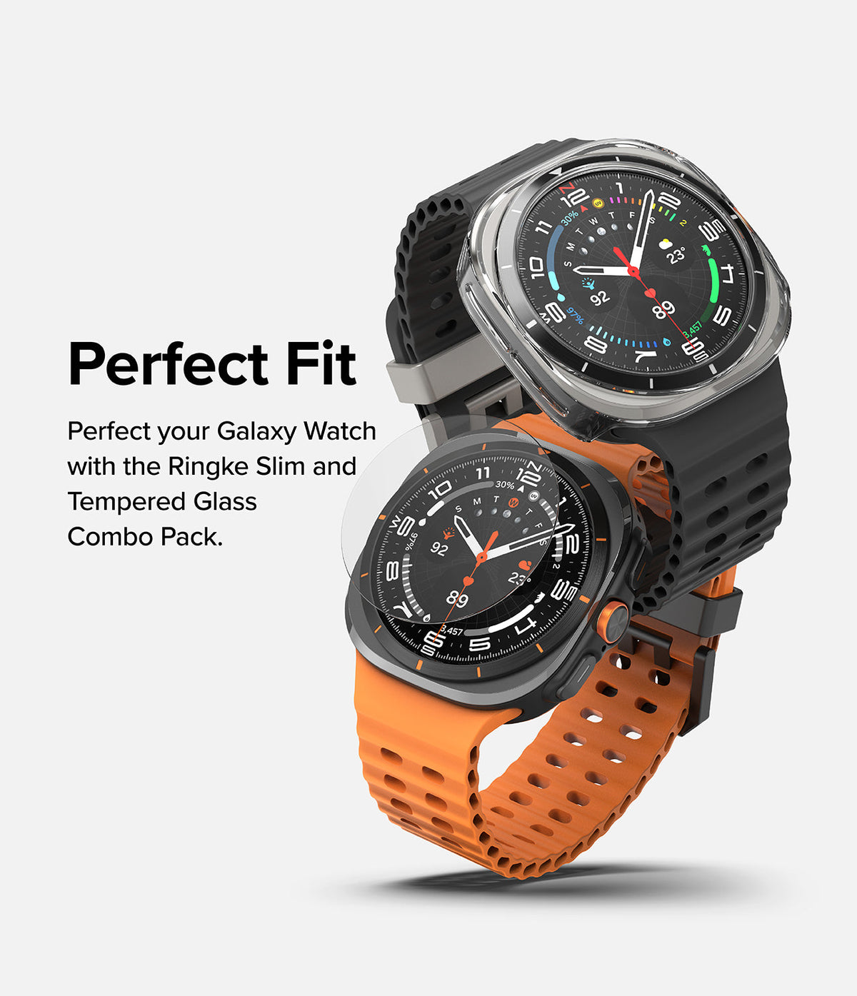 Galaxy Watch Ultra | Slim & Glass - Two Galaxy Watch Ultra units with protective cases and screen protectors.