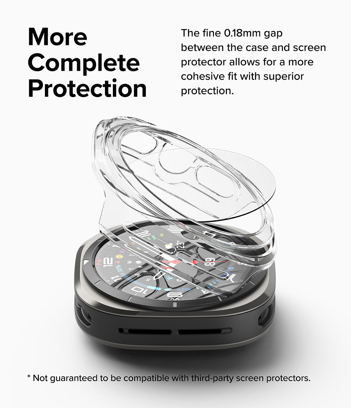 Galaxy Watch Ultra | Slim & Glass - Clear protective case hovering above a Galaxy Watch Ultra to show a precise fit.