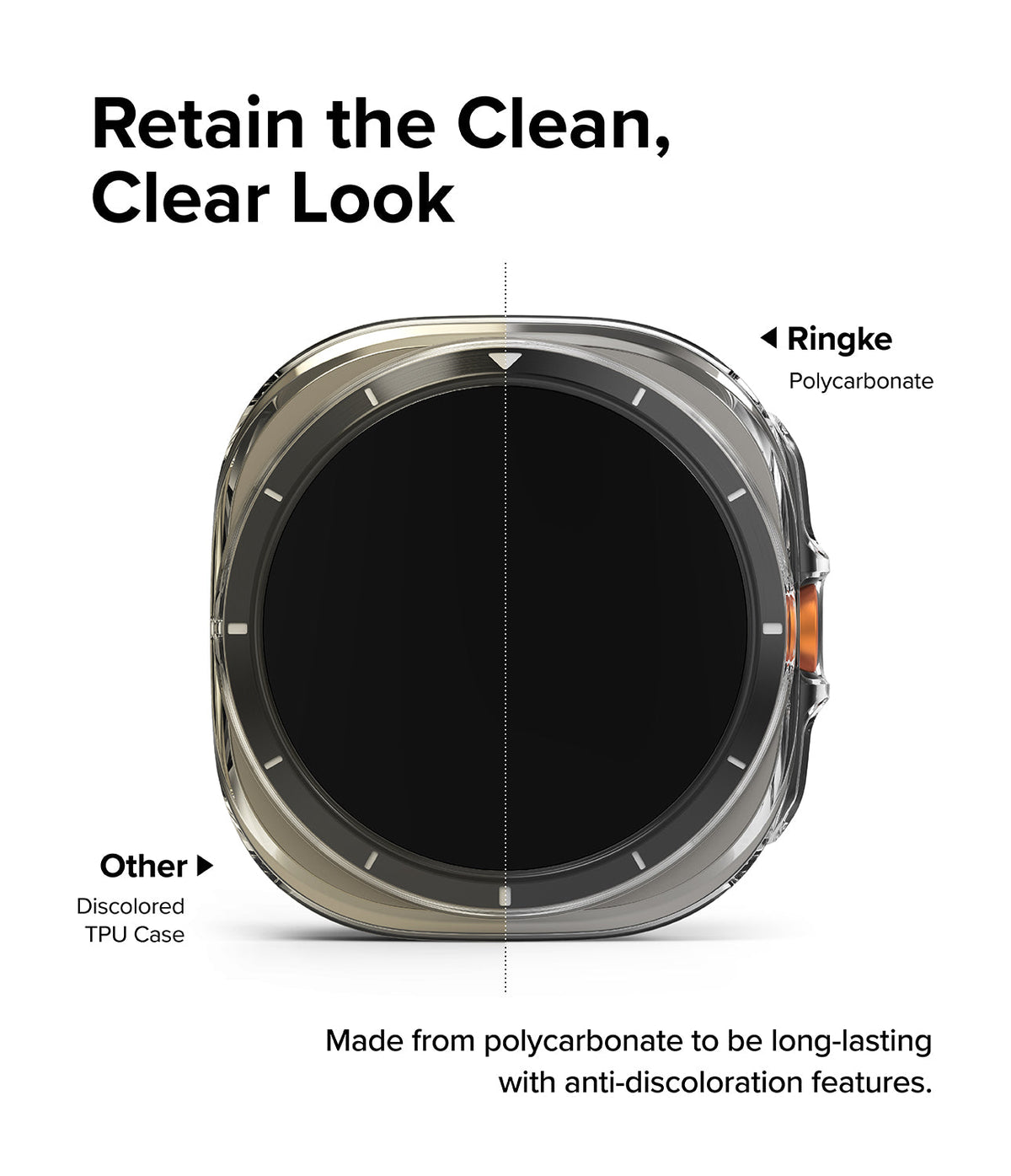 Galaxy Watch Ultra | Slim & Glass - Comparison of a clear Ringke polycarbonate case versus a discolored TPU case.