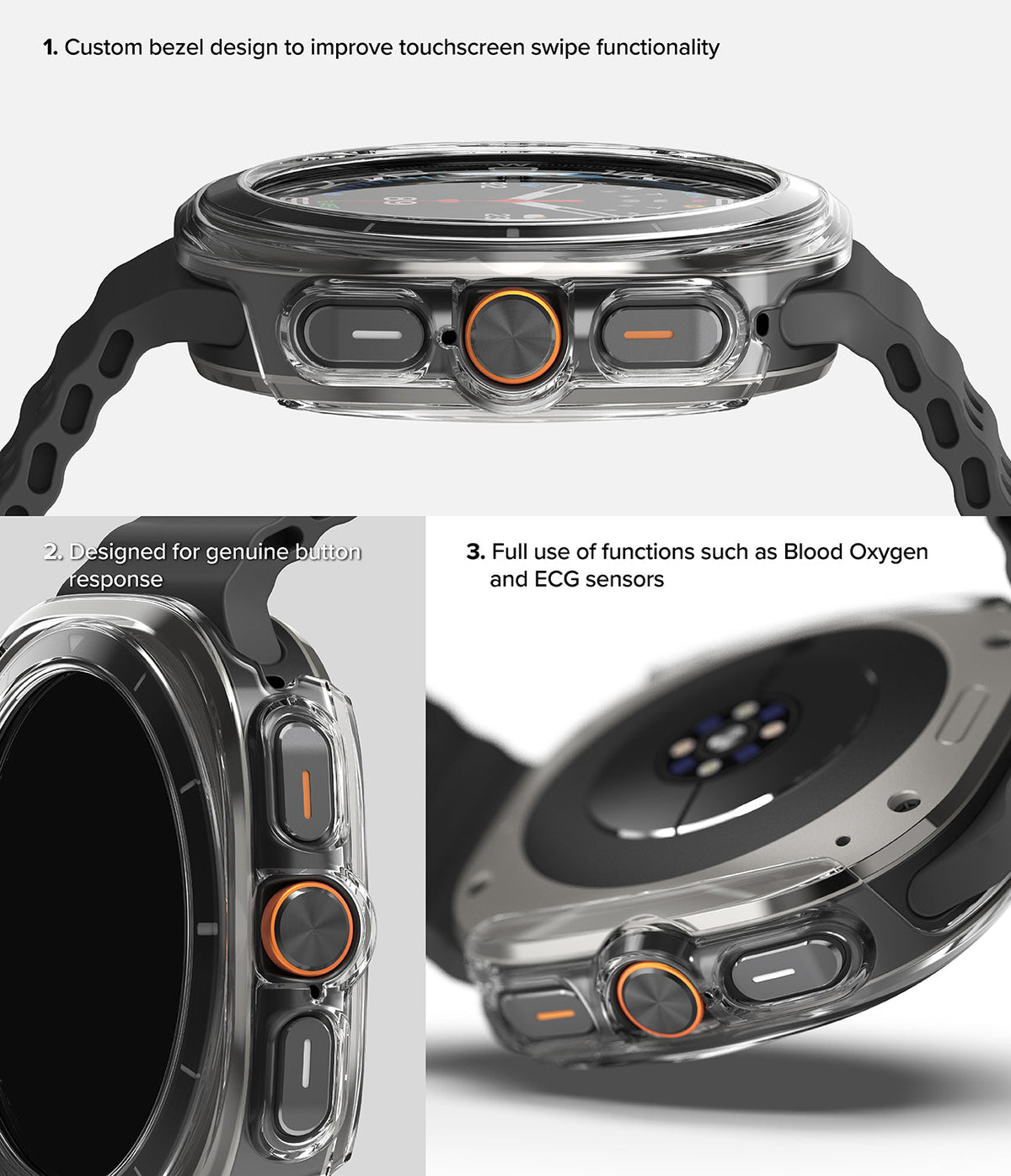 Galaxy Watch Ultra | Slim & Glass - Clear protective case on a Galaxy Watch Ultra showing button and sensor access.