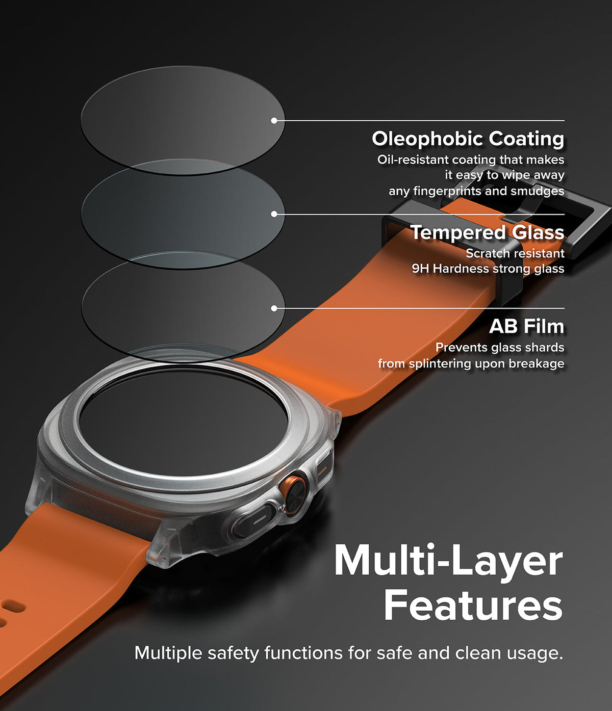 Galaxy Watch Ultra | Slim Extend & Glass - Exploded view of screen protector layers over a watch with an orange band.