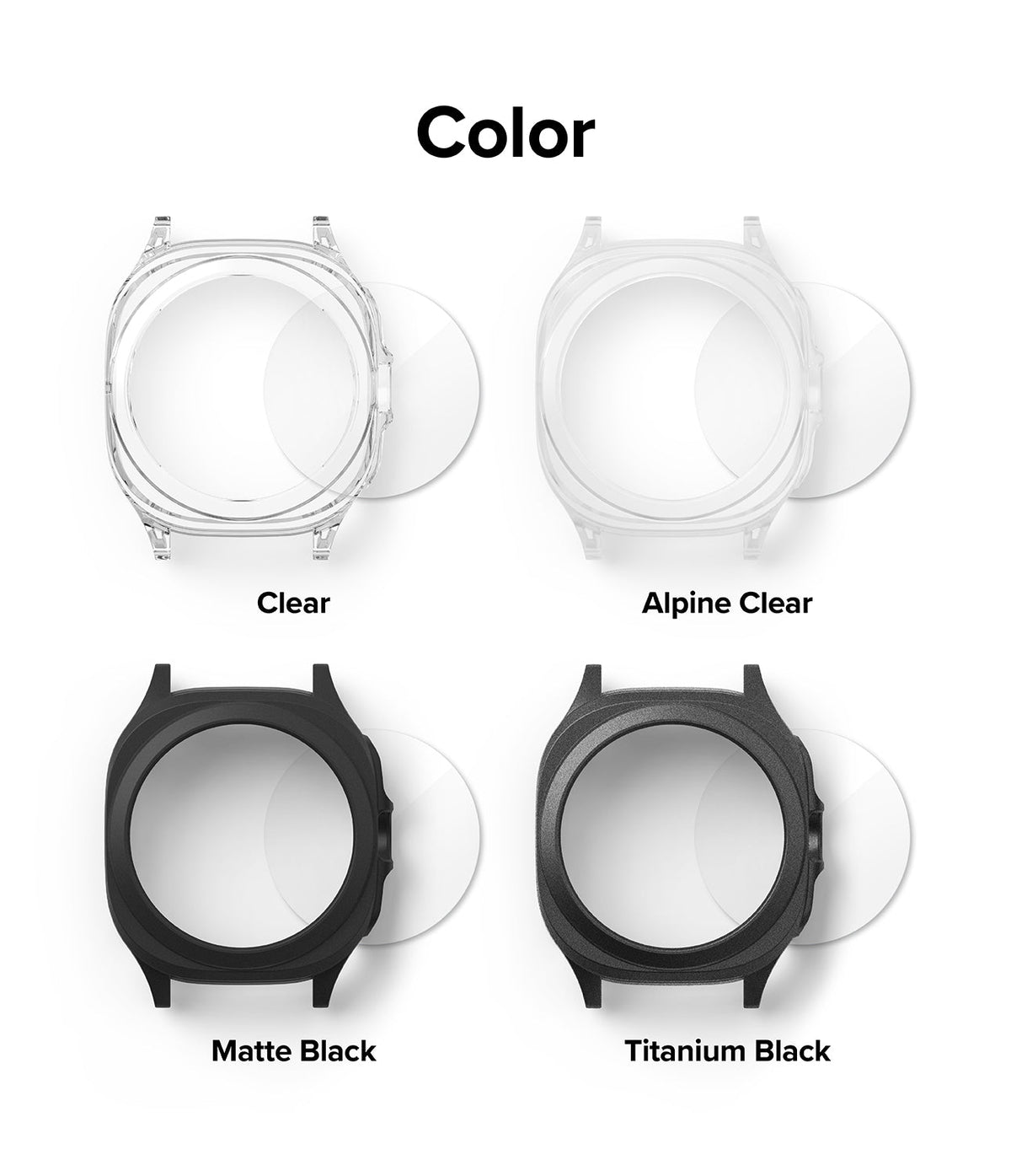 Galaxy Watch Ultra | Slim Extend & Glass - Four watch case colors: Clear, Alpine Clear, Matte Black, and Titanium Black.