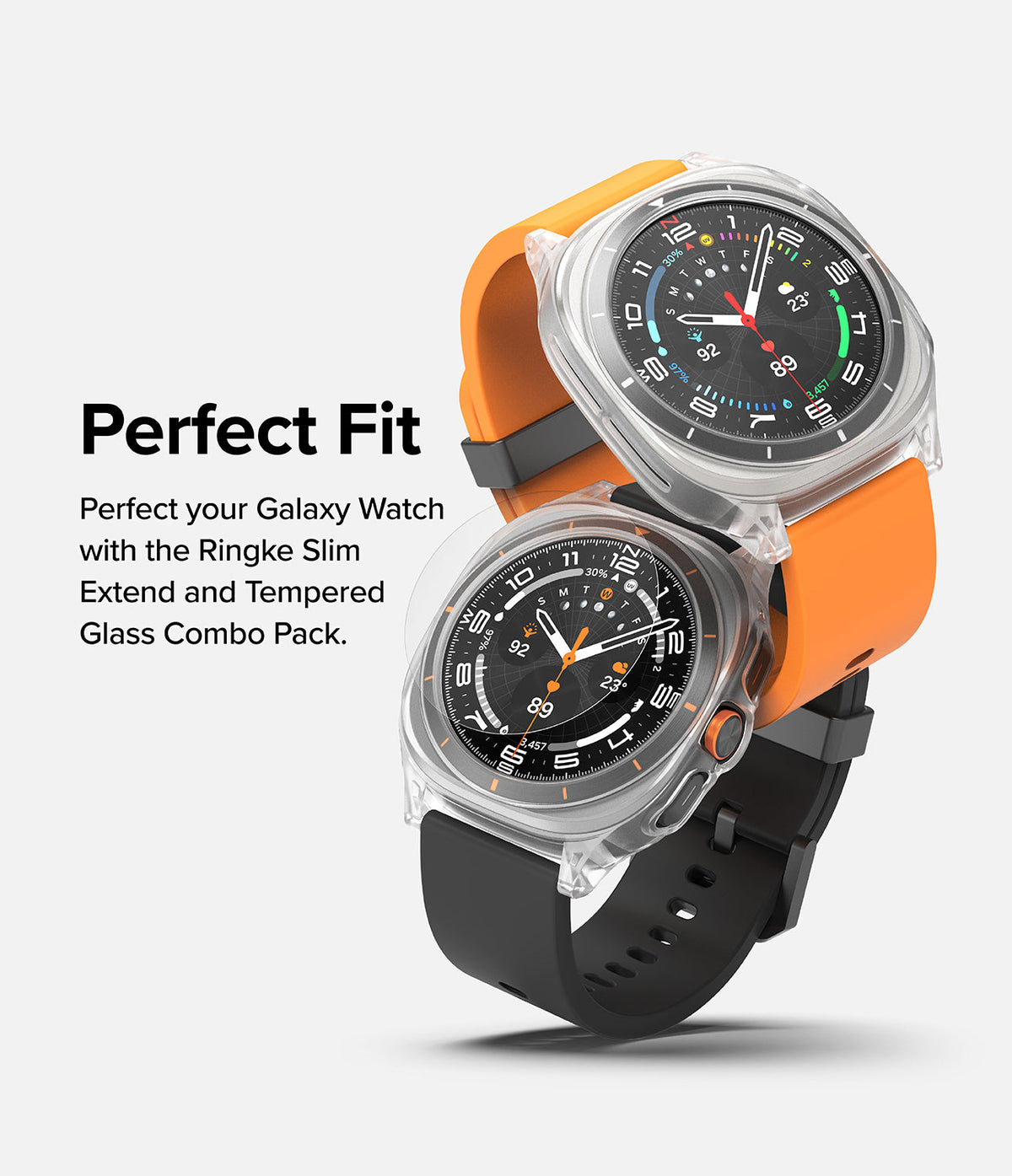 Galaxy Watch Ultra | Slim Extend & Glass - Two Galaxy Watches with clear protective cases and orange and black bands.