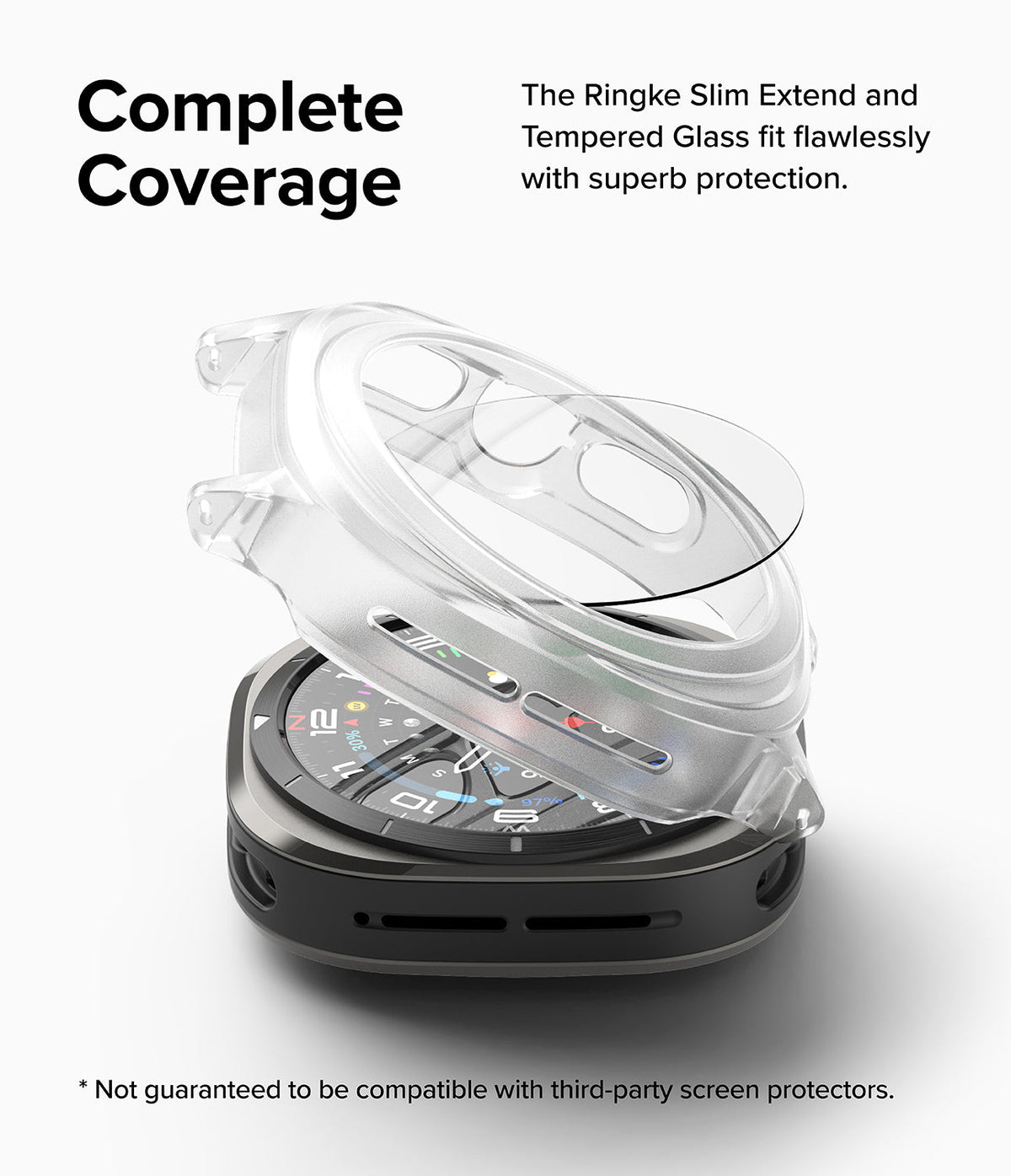 Galaxy Watch Ultra | Slim Extend & Glass - Transparent protective case and glass screen protector hovering over a watch.