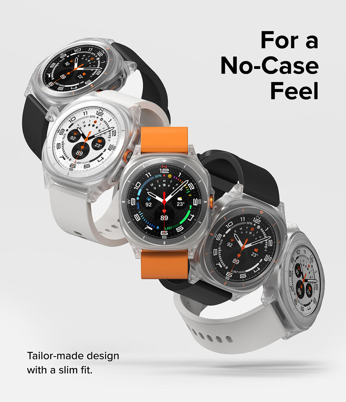 Galaxy Watch Ultra | Slim Extend & Glass - Four Galaxy Watch Ultra smartwatches in clear cases with varied bands.