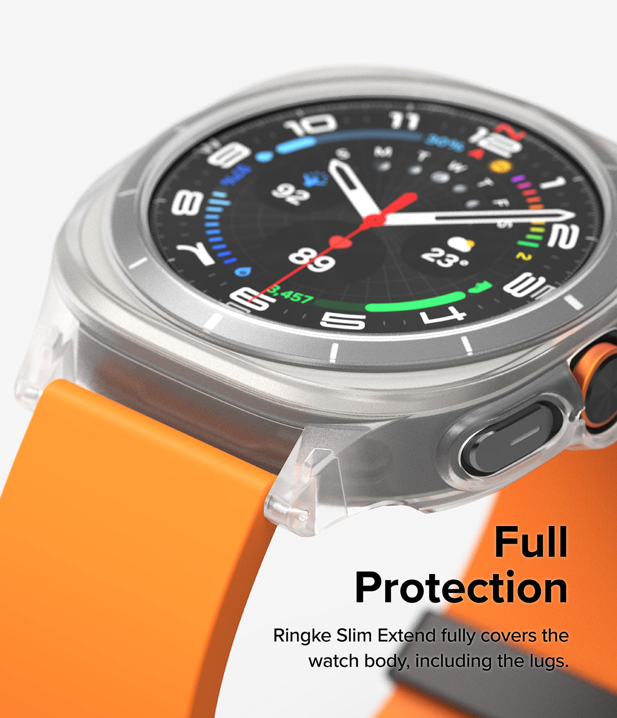 Galaxy Watch Ultra | Slim Extend & Glass - Clear protective case covering the watch body and lugs with an orange band.