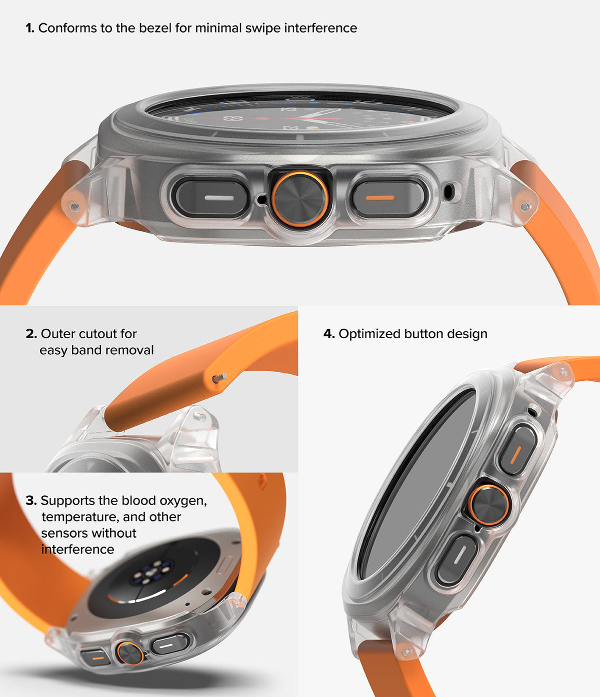 Galaxy Watch Ultra | Slim Extend & Glass - Clear protective case on a watch highlighting bezel fit, band access, and buttons.