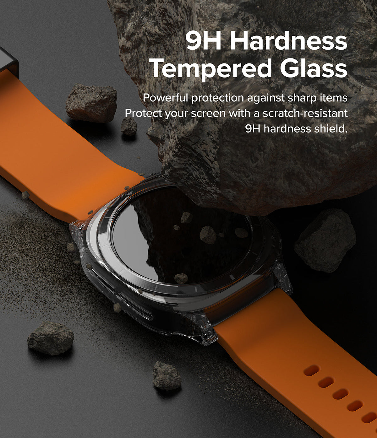 Galaxy Watch Ultra | Slim Extend & Glass - A large rock rests on a Galaxy Watch Ultra with a clear protective case and orange band.