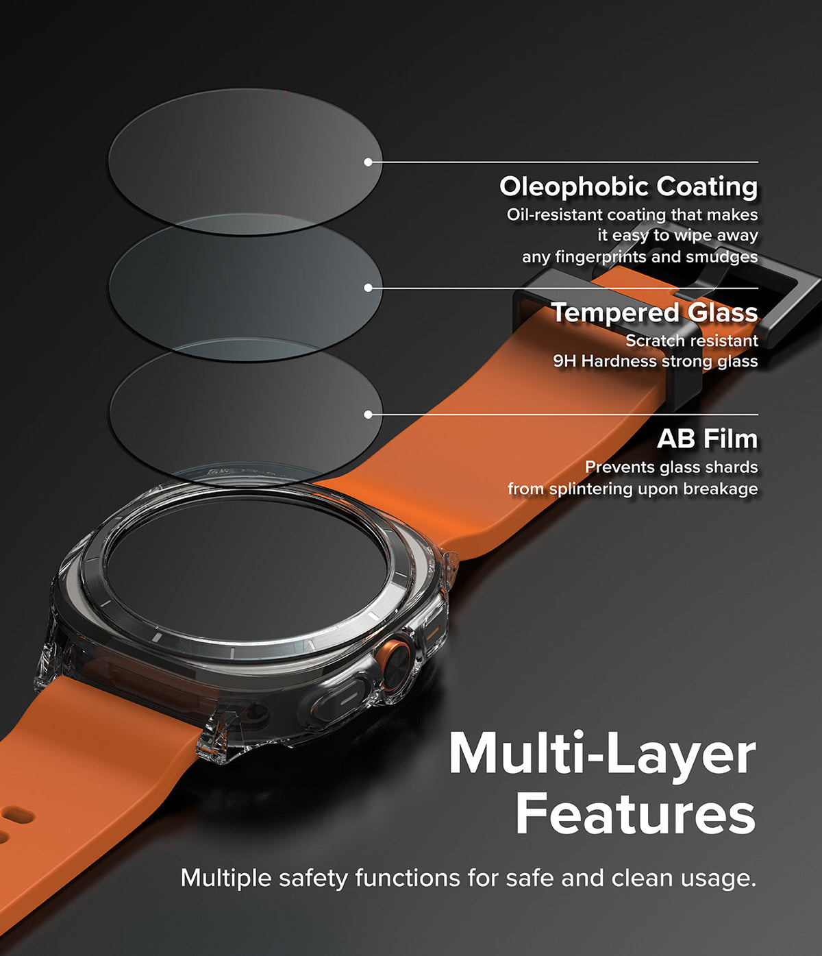 Galaxy Watch Ultra | Slim Extend & Glass - Exploded view of screen protector layers showing oleophobic coating, tempered glass, and AB film.