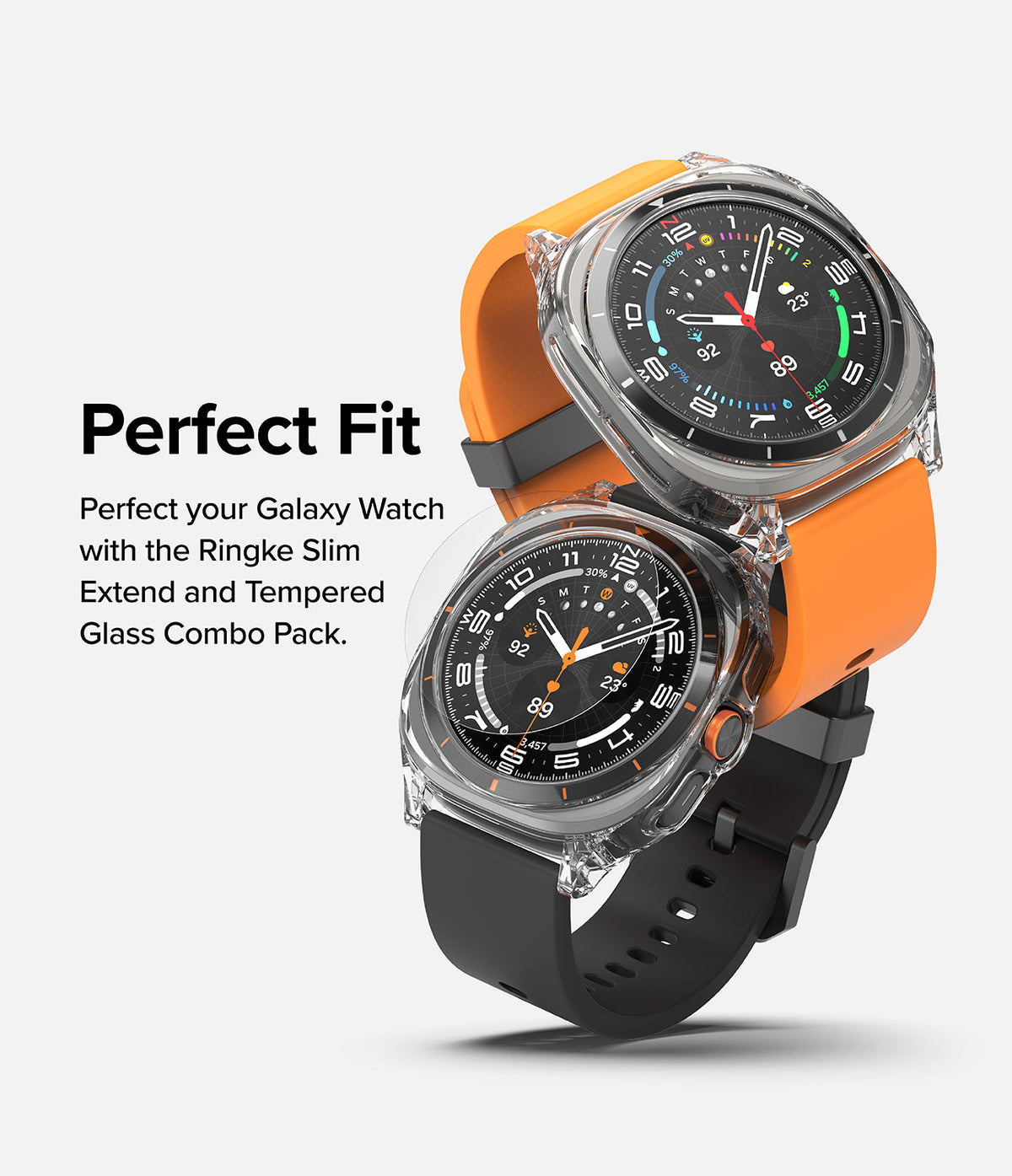 Galaxy Watch Ultra | Slim Extend & Glass - Two Galaxy Watch Ultra units with clear protective cases and orange/black bands.