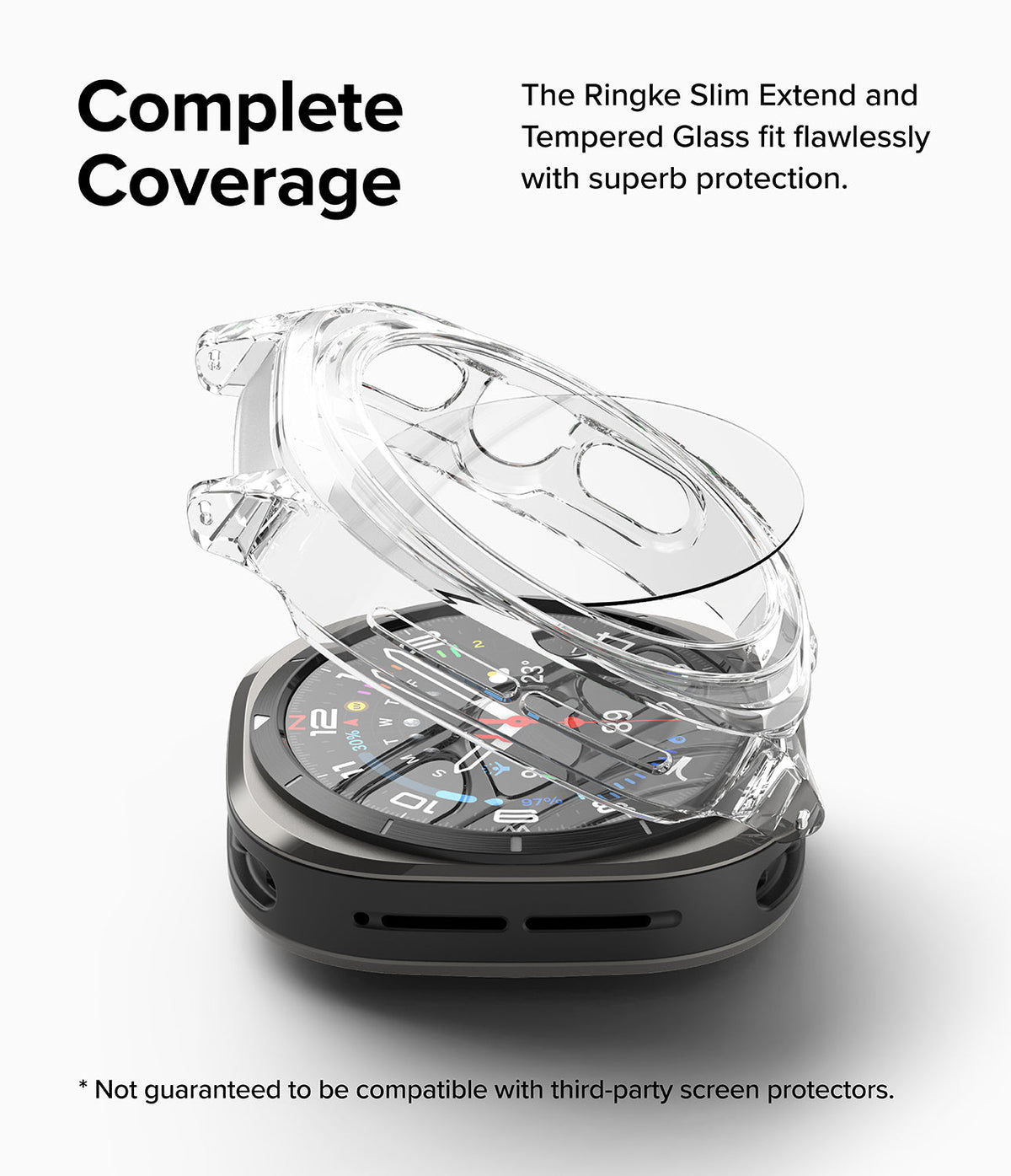 Galaxy Watch Ultra | Slim Extend & Glass - Clear protective case and glass screen protector hovering over a smartwatch.