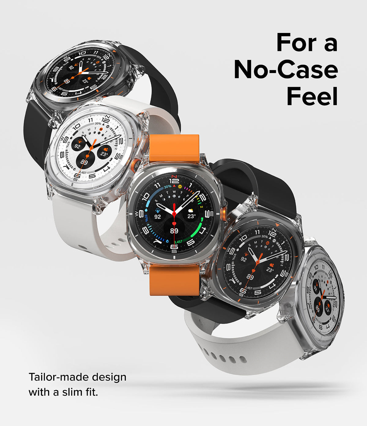 Galaxy Watch Ultra | Slim Extend & Glass - Four Galaxy Watch Ultra smartwatches with clear protective cases and bands.