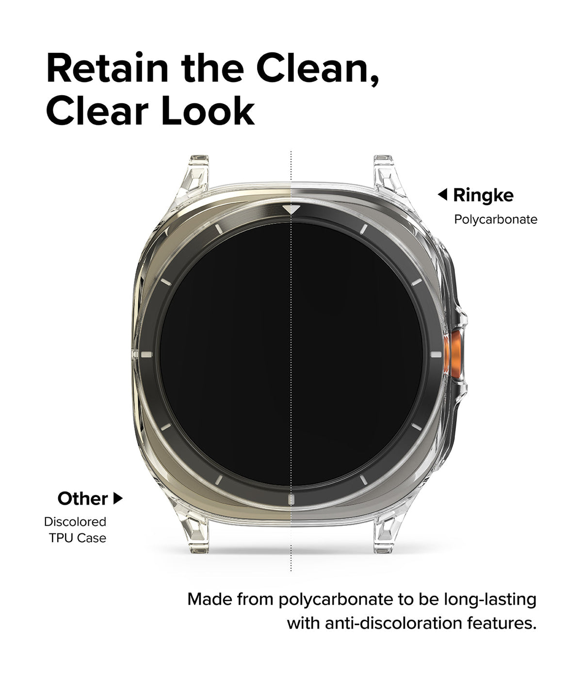 Galaxy Watch Ultra | Slim Extend & Glass - Comparison of a clear Ringke polycarbonate case vs. a discolored TPU case.