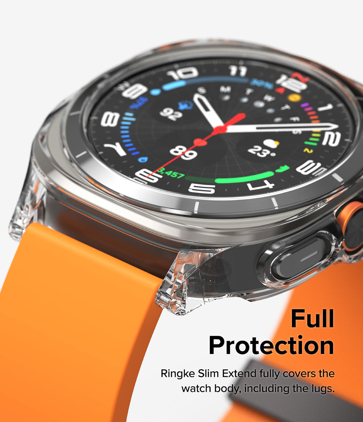 Galaxy Watch Ultra | Slim Extend & Glass - Clear protective case covering the watch body and lugs with an orange strap.