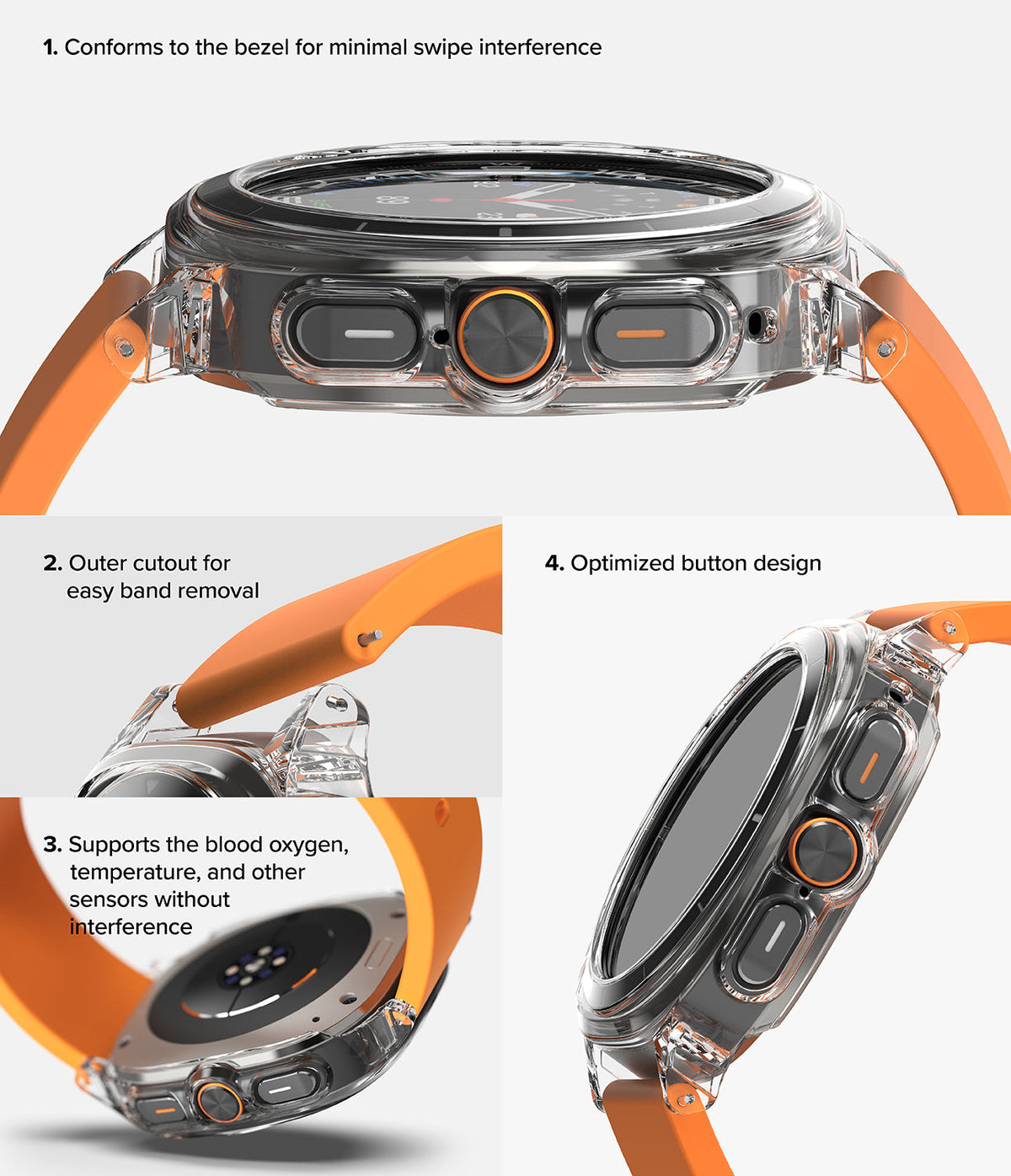 Galaxy Watch Ultra | Slim Extend & Glass - Clear protective case features for Galaxy Watch Ultra with orange band.