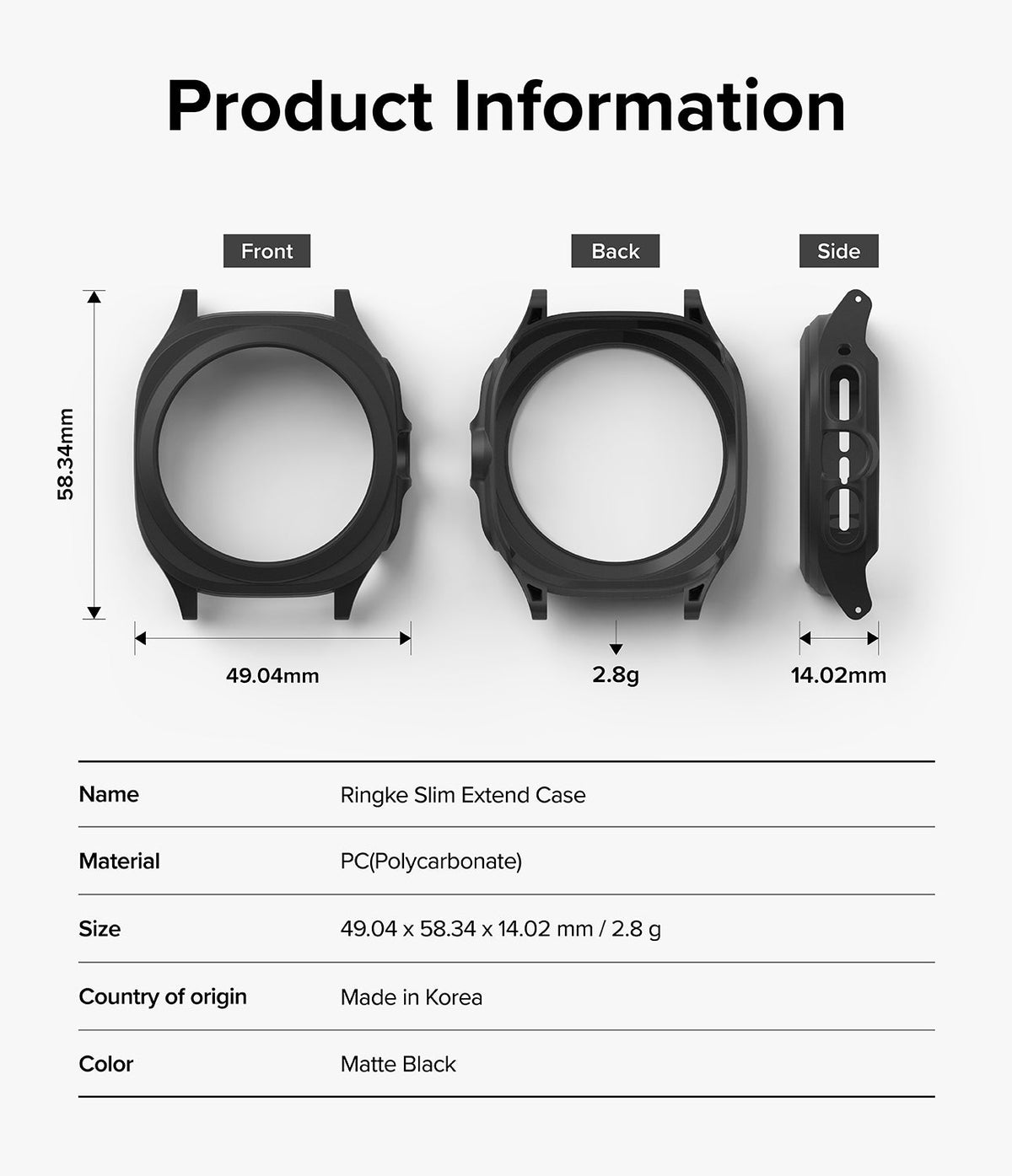 Galaxy Watch Ultra | Slim Extend & Glass - Technical diagram showing front, back, and side views of a black watch case.