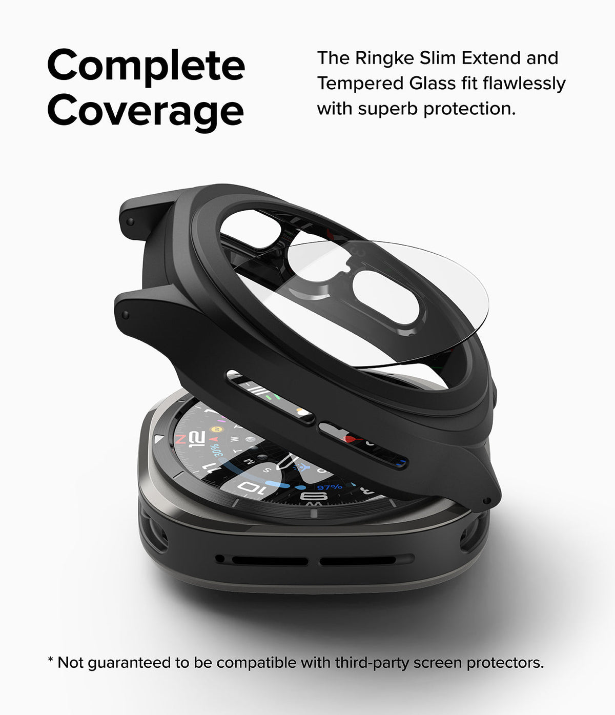 Galaxy Watch Ultra | Slim Extend & Glass - Black protective watch case and glass screen protector hovering over a watch.