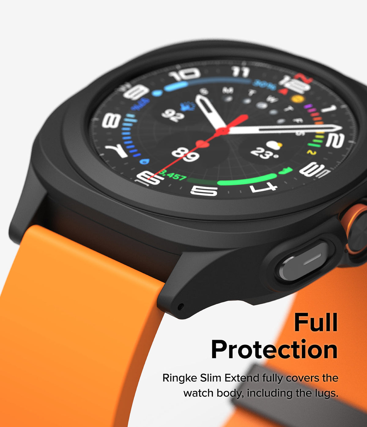 Galaxy Watch Ultra | Slim Extend & Glass - Black protective case on a Galaxy Watch Ultra with a bright orange band.