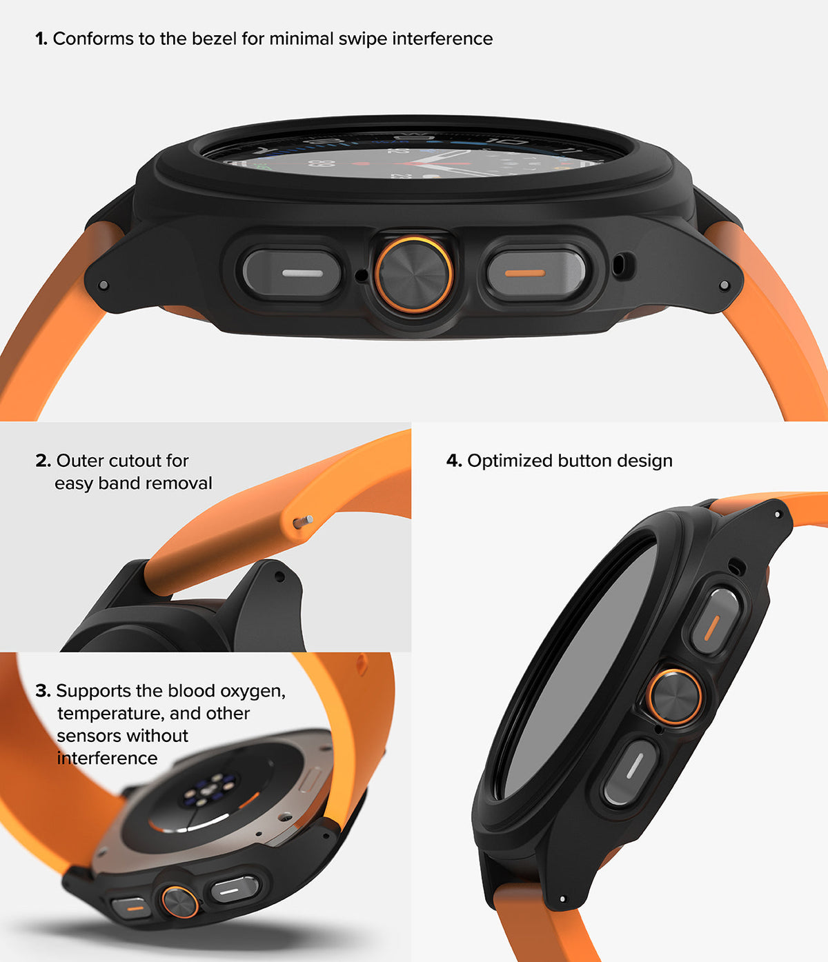 Galaxy Watch Ultra | Slim Extend & Glass - Close-up views of a black watch case with orange bands highlighting design features.