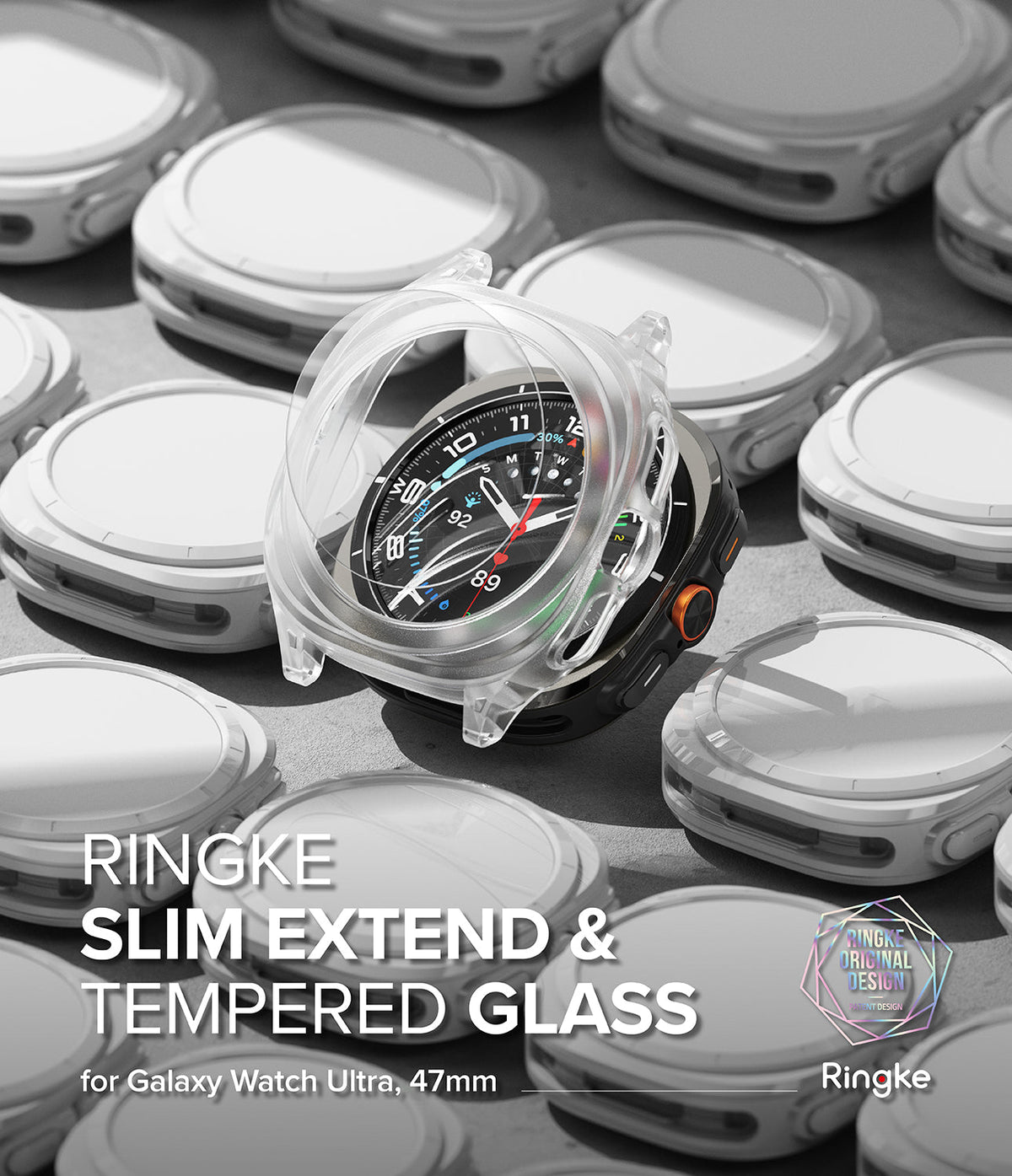 Galaxy Watch Ultra | Slim Extend & Glass - A clear protective case hovering over a Galaxy Watch Ultra amidst many others.