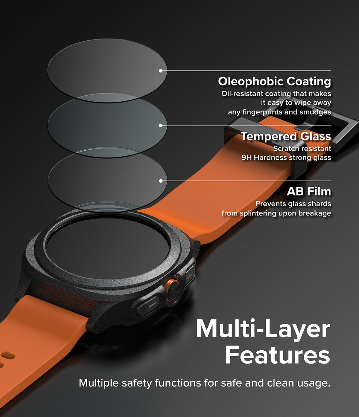 Galaxy Watch Ultra | Slim Extend & Glass - Exploded view of screen protector layers showing oleophobic, tempered, and AB film.