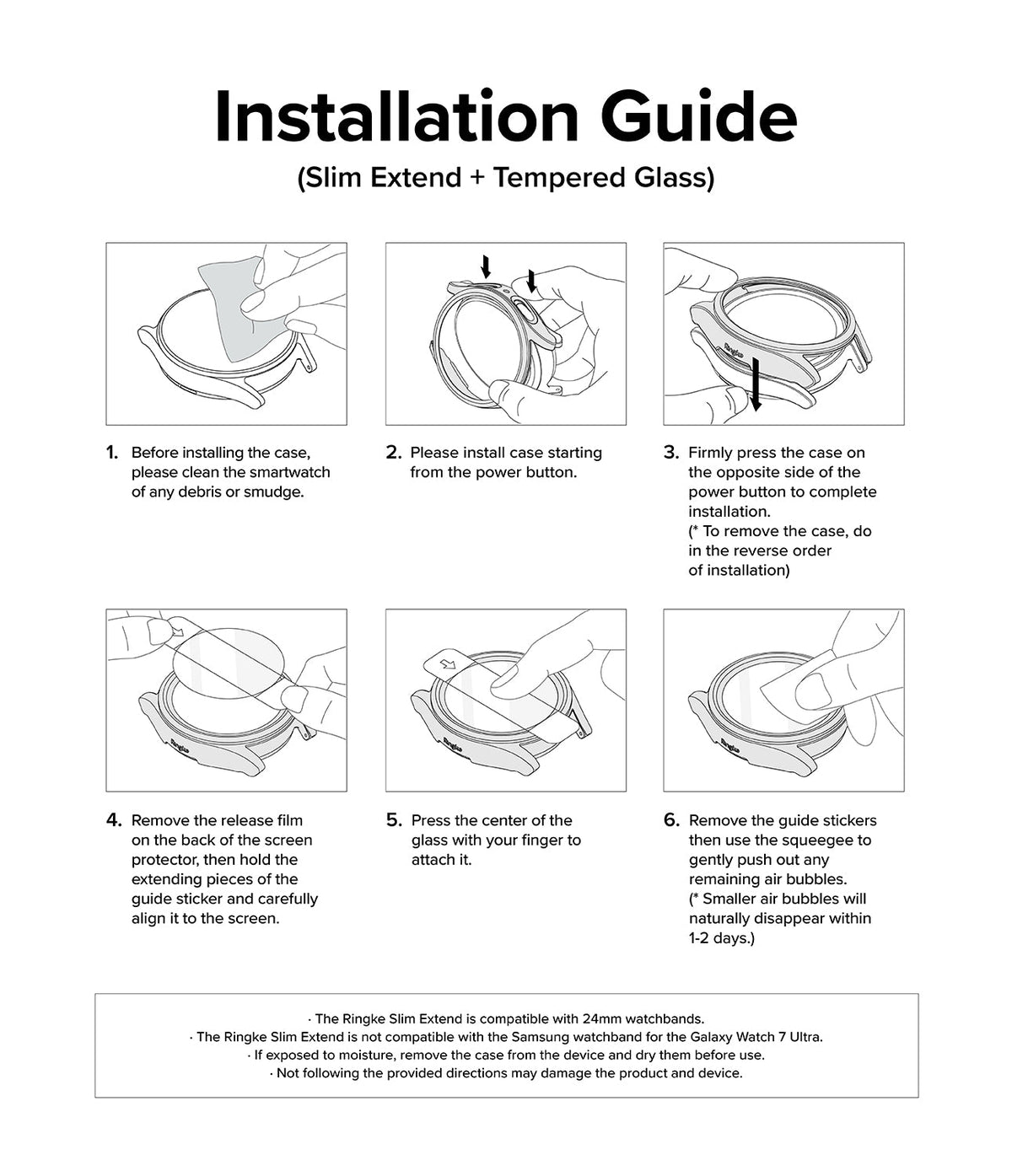 Galaxy Watch Ultra | Slim Extend & Glass - Six-step illustrated guide for installing a watch case and screen protector.