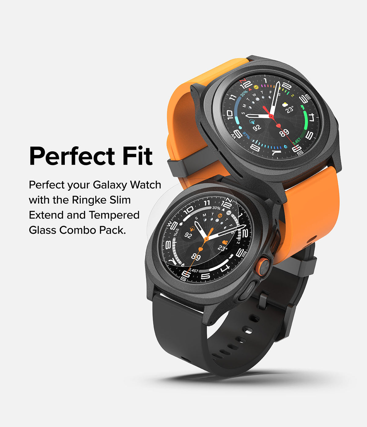 Galaxy Watch Ultra | Slim Extend & Glass - Two Galaxy Watch Ultra units with orange and black bands, featuring protective cases and screen glass.
