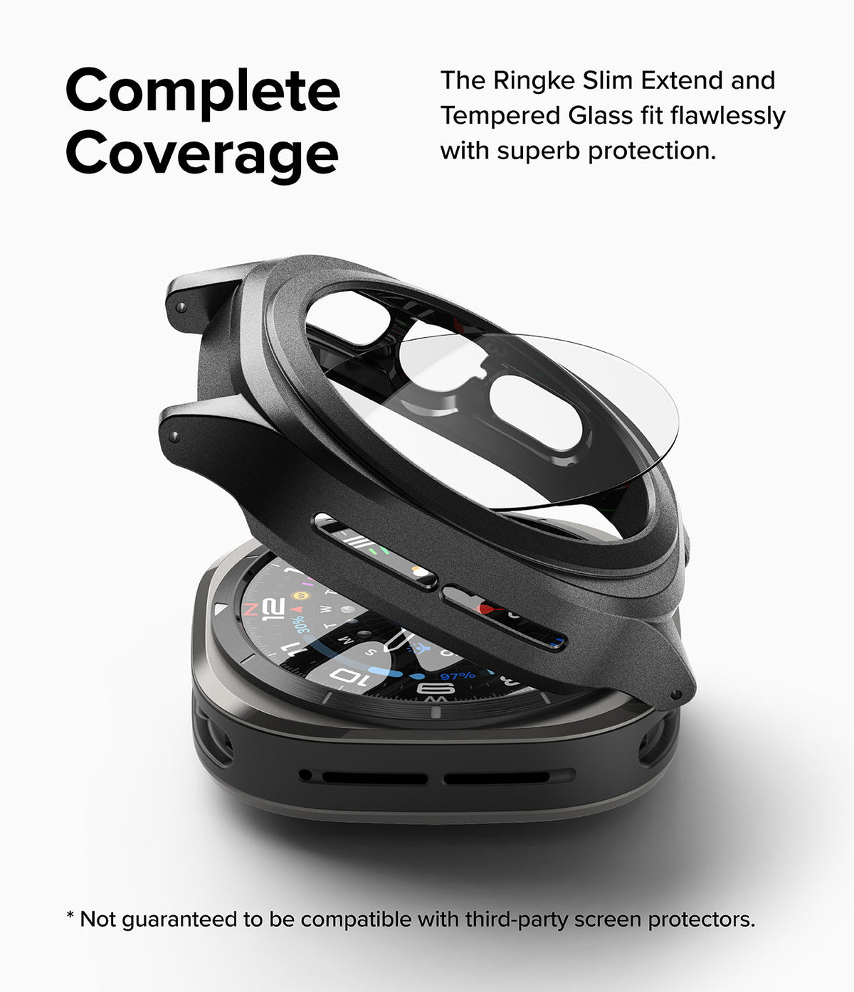 Galaxy Watch Ultra | Slim Extend & Glass - Black protective watch case and glass screen protector hovering over a watch.