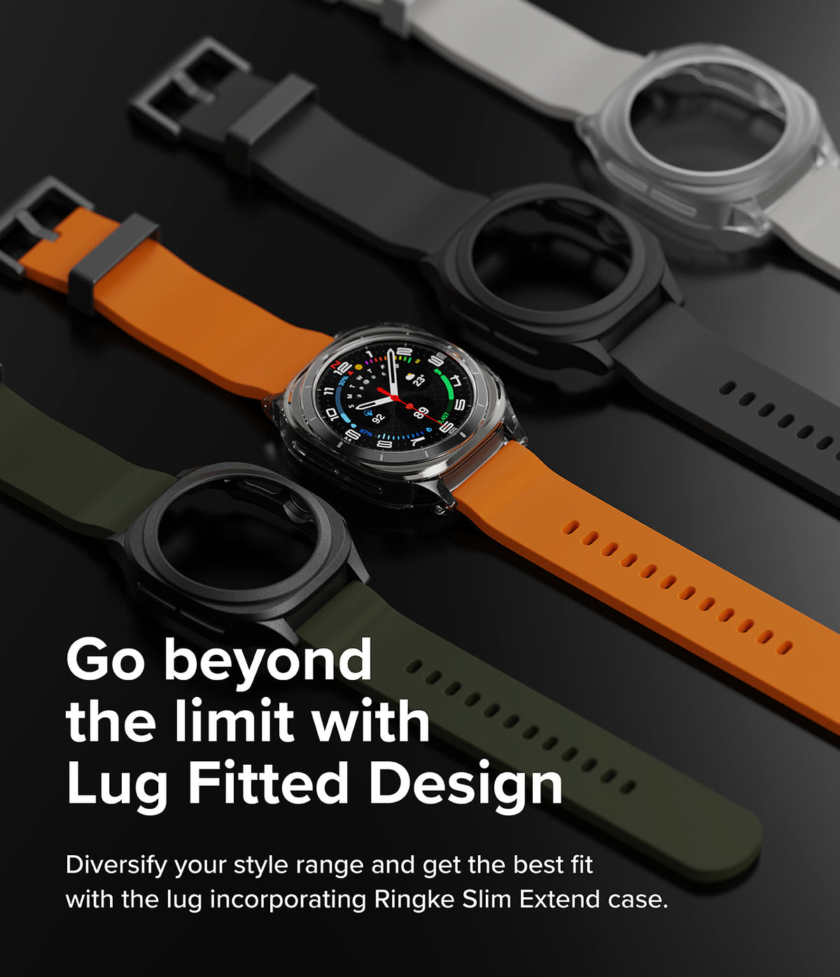 Galaxy Watch Ultra | Slim Extend & Glass - Galaxy Watch Ultra with protective cases and colorful silicone bands.