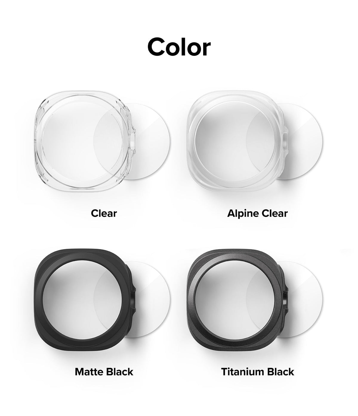Galaxy Watch Ultra | Slim & Glass - Four color options for watch cases: Clear, Alpine Clear, Matte Black, and Titanium Black.